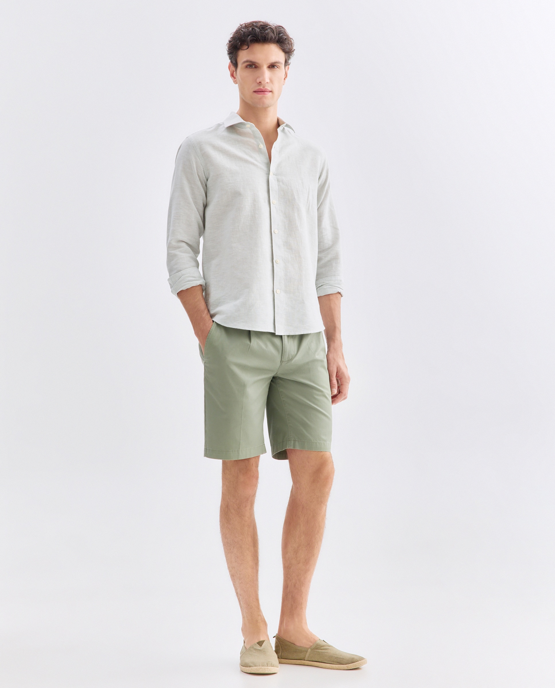 Camisa sport hombre lino y algodón rayas slim fit 520 Kaki-2