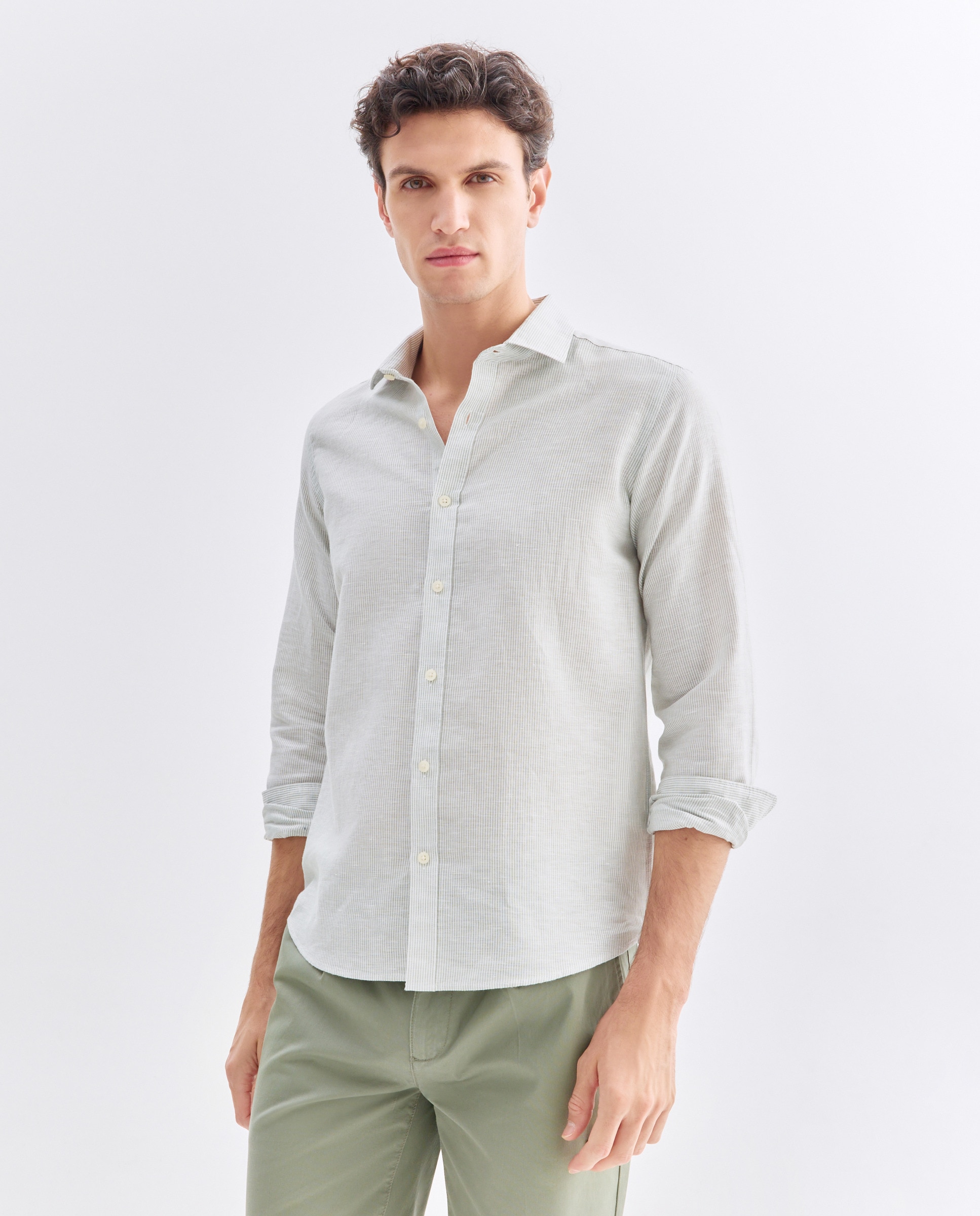 Imagen 0 de Camisa sport hombre lino y algodón rayas slim fit