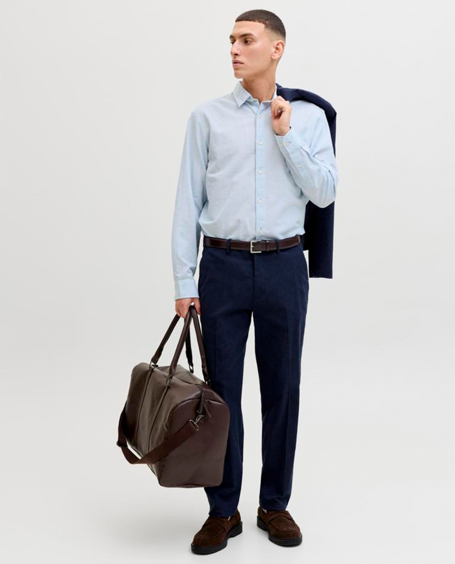 Camisa de Linho Lisa com Gola Clássica Azul-claro-8