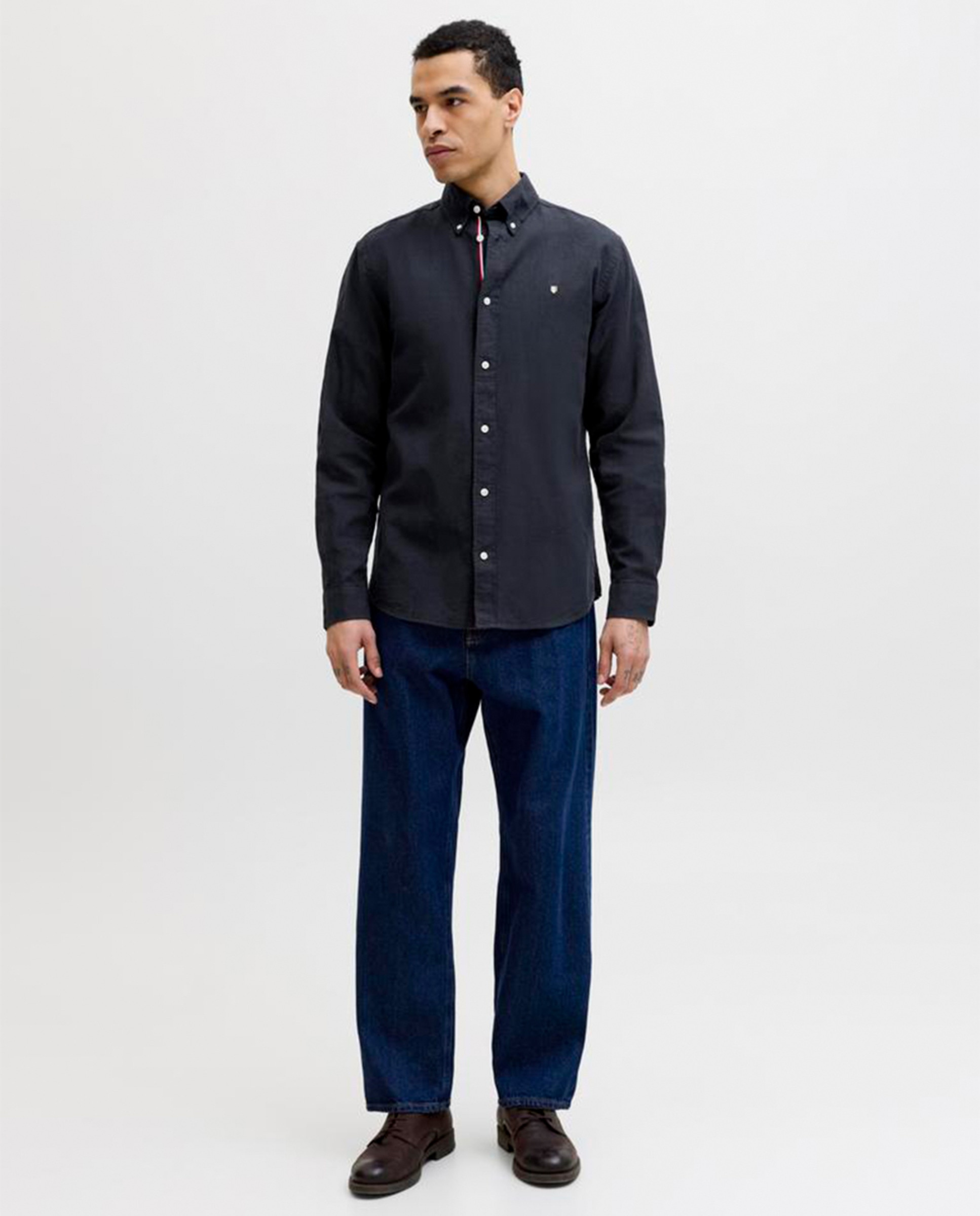 Camisa de Linho Lisa com Gola Clássica Azul-marinho-7
