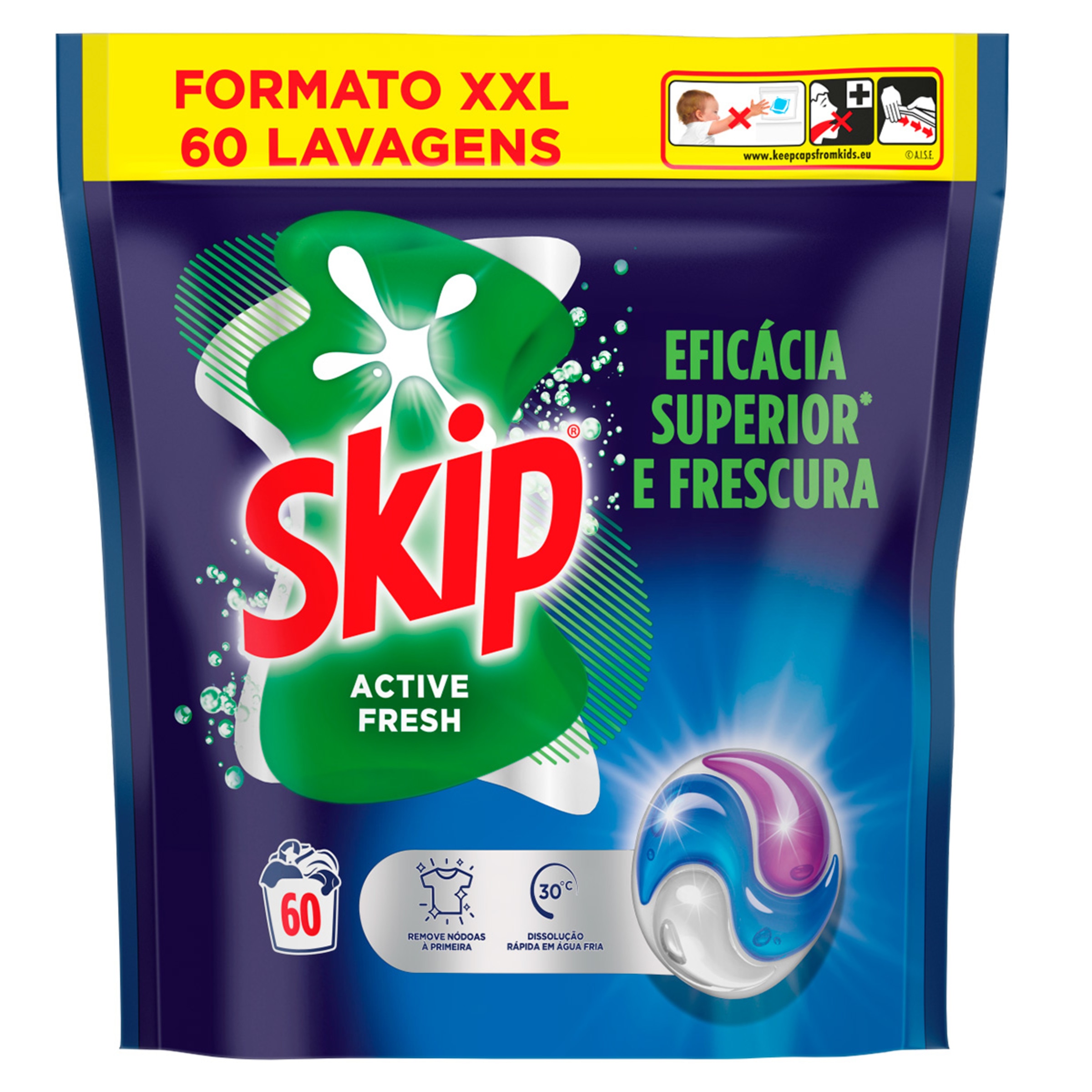 Detergente para Máquina de Roupa Cápsulas Trio Active Fresh embalagem 60 doses
