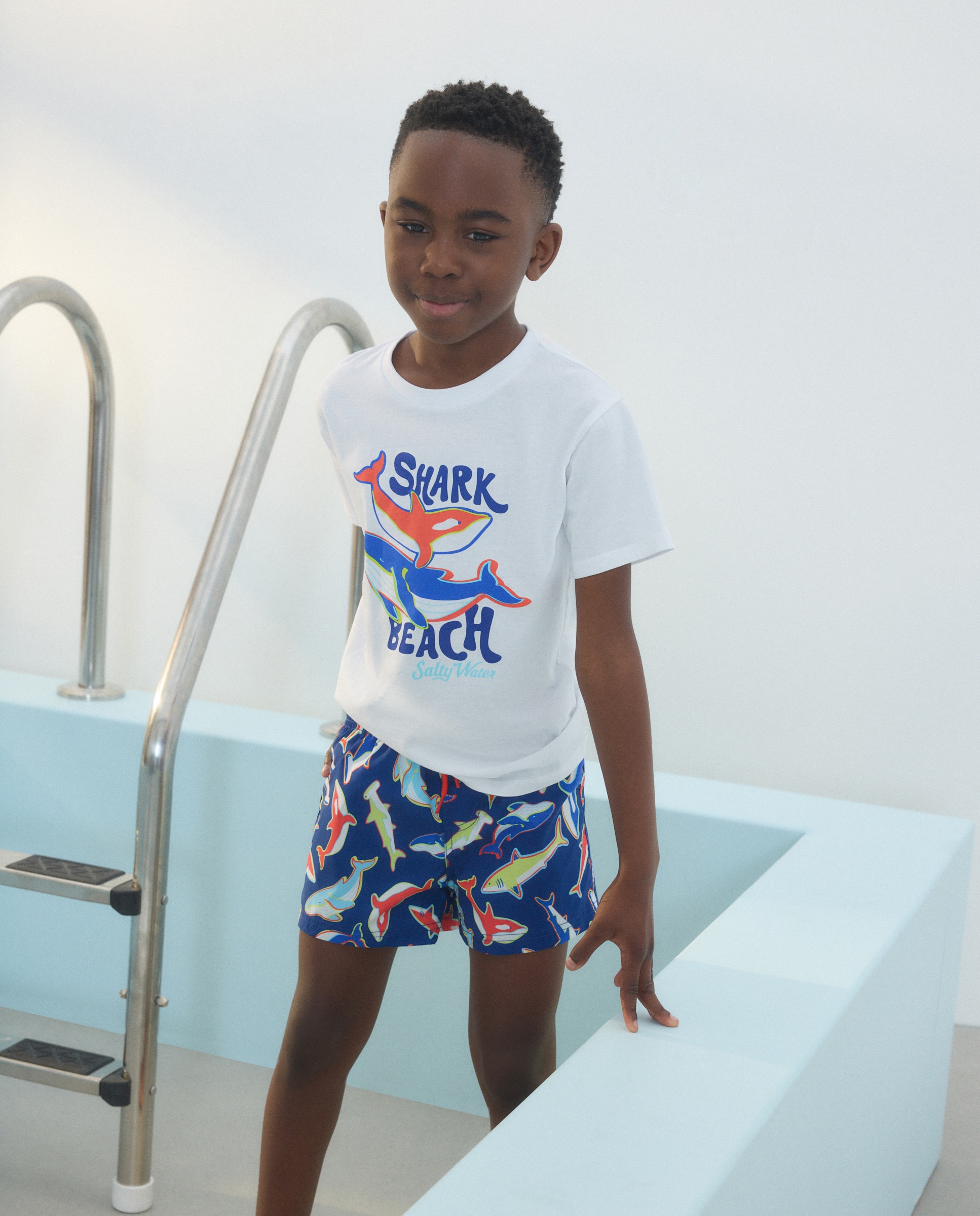 Calções de Banho de Algodão Bordado Azul-2