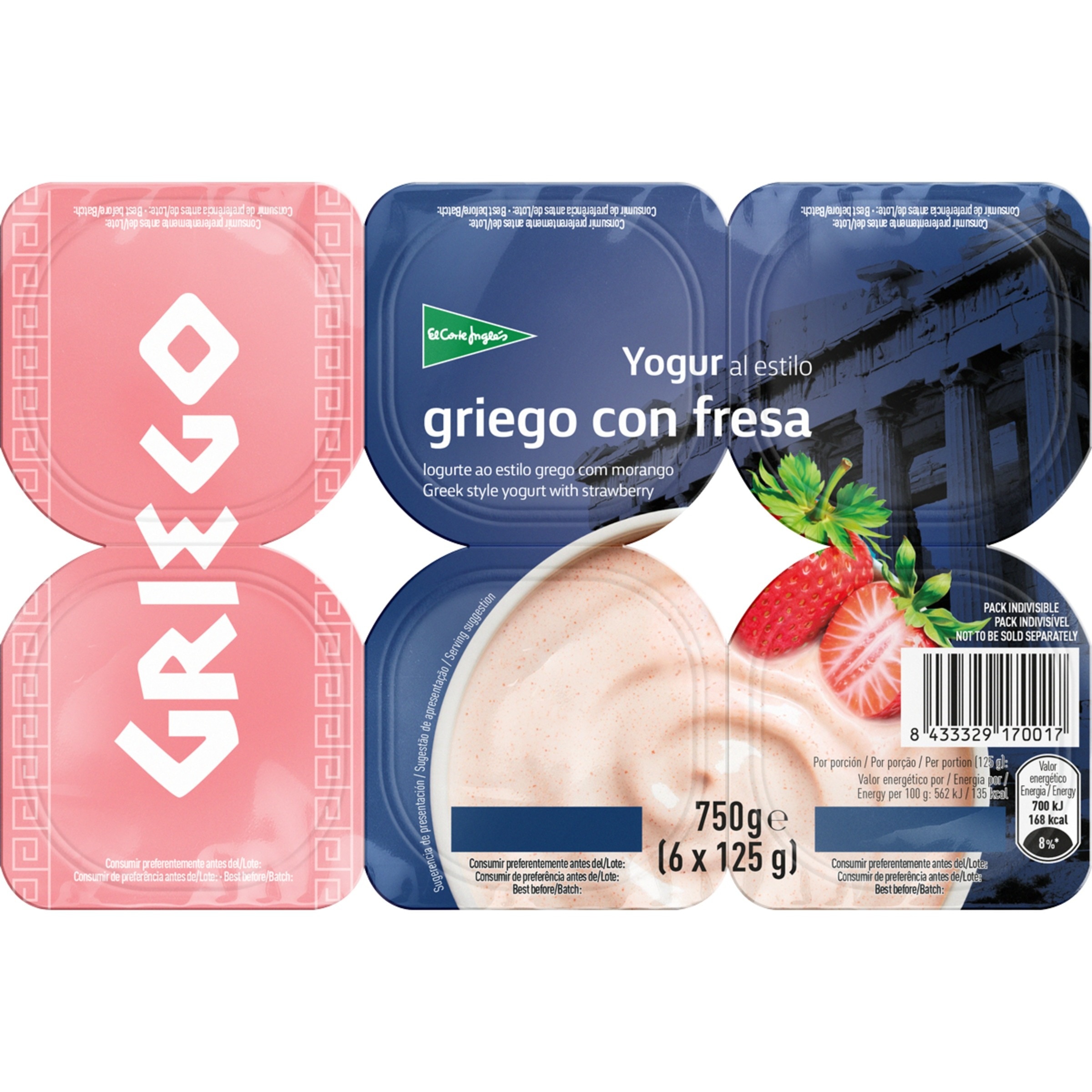 Iogurte Grego Morango Pack 4 unidades embalagem 125 g