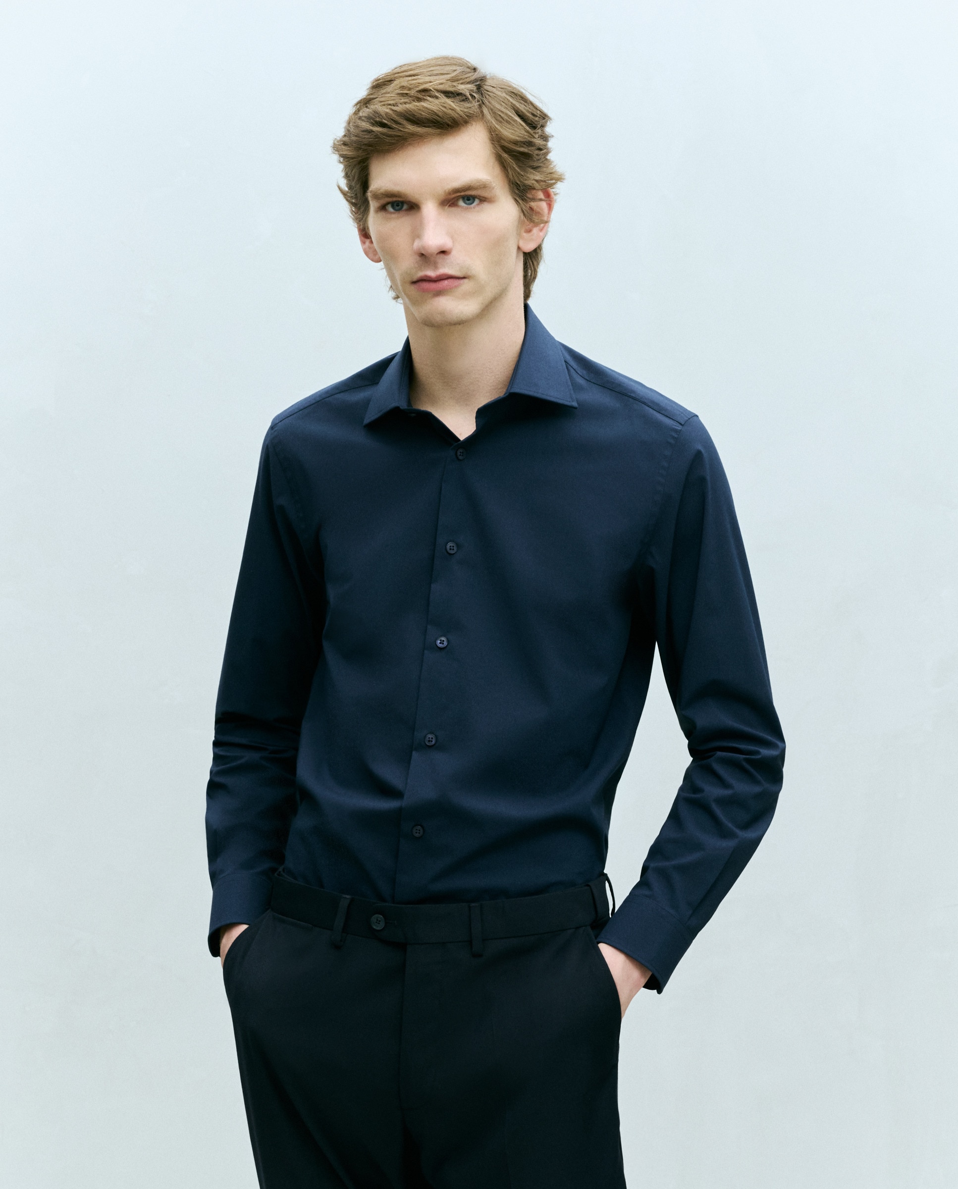Camisa Formal Lisa de Manga Comprida com Padrão Slim Azul-marinho-2