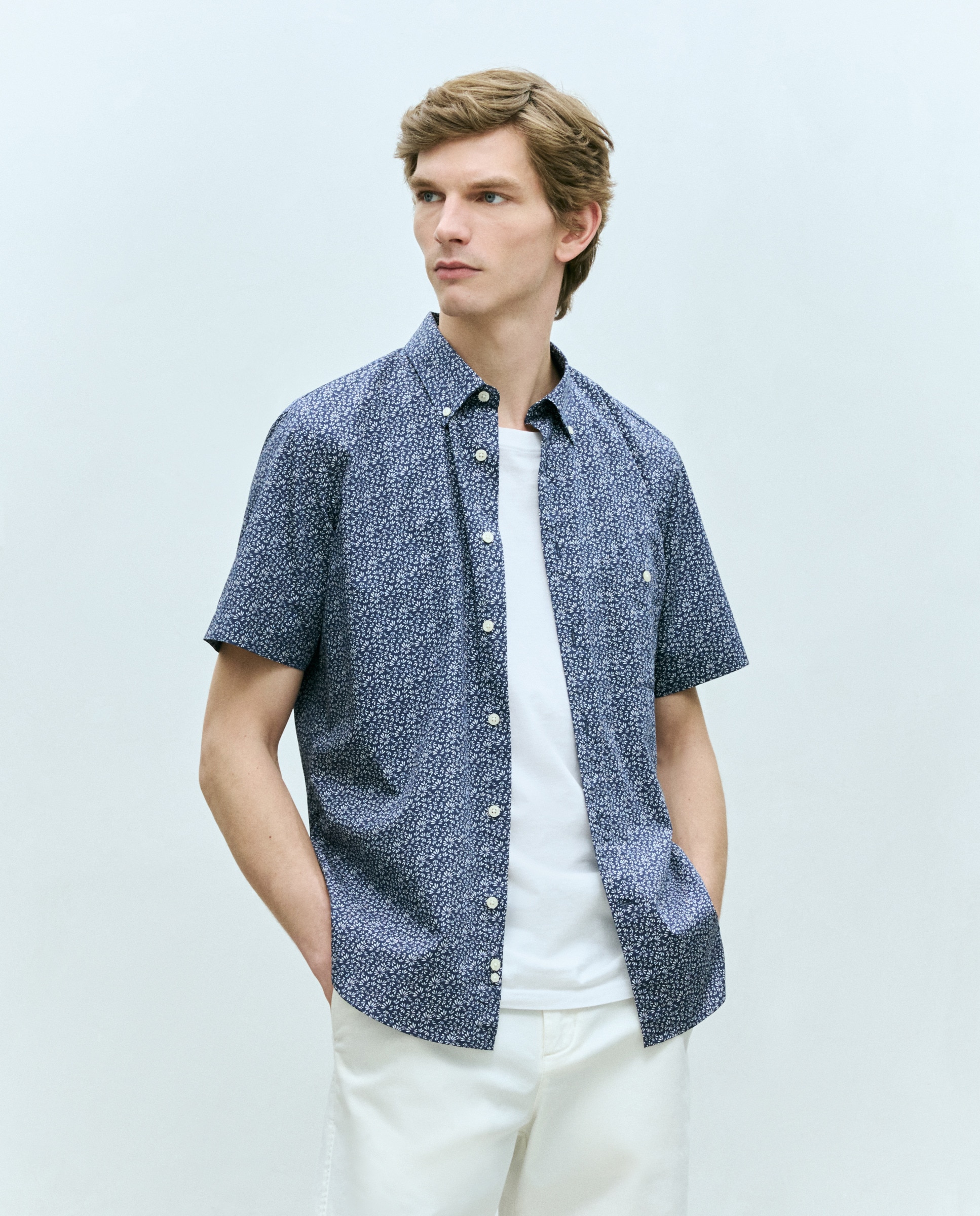 Camisa de Manga Curta com Estampado Floral Azul-marinho-2
