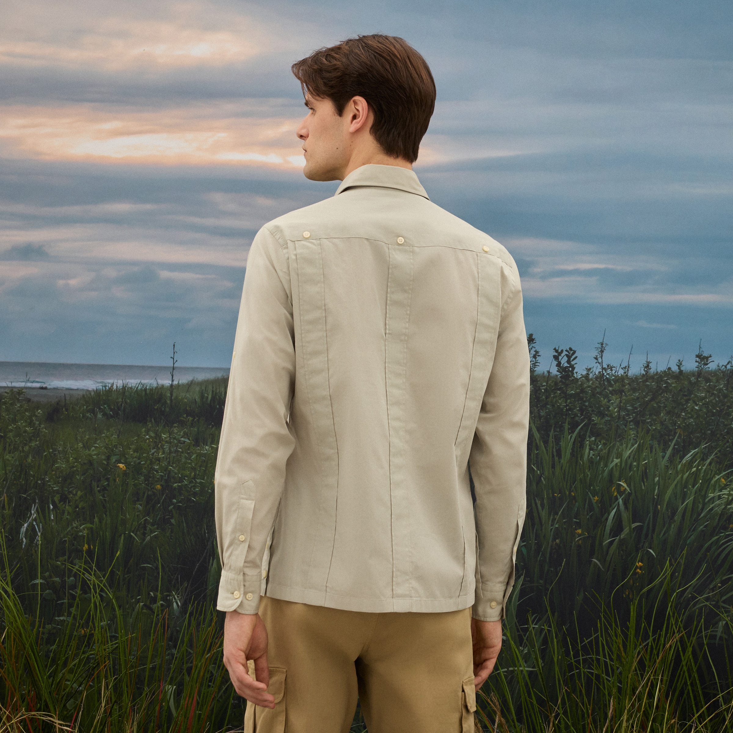 Camisa Guayabera de Algodão de Homem Bege-3