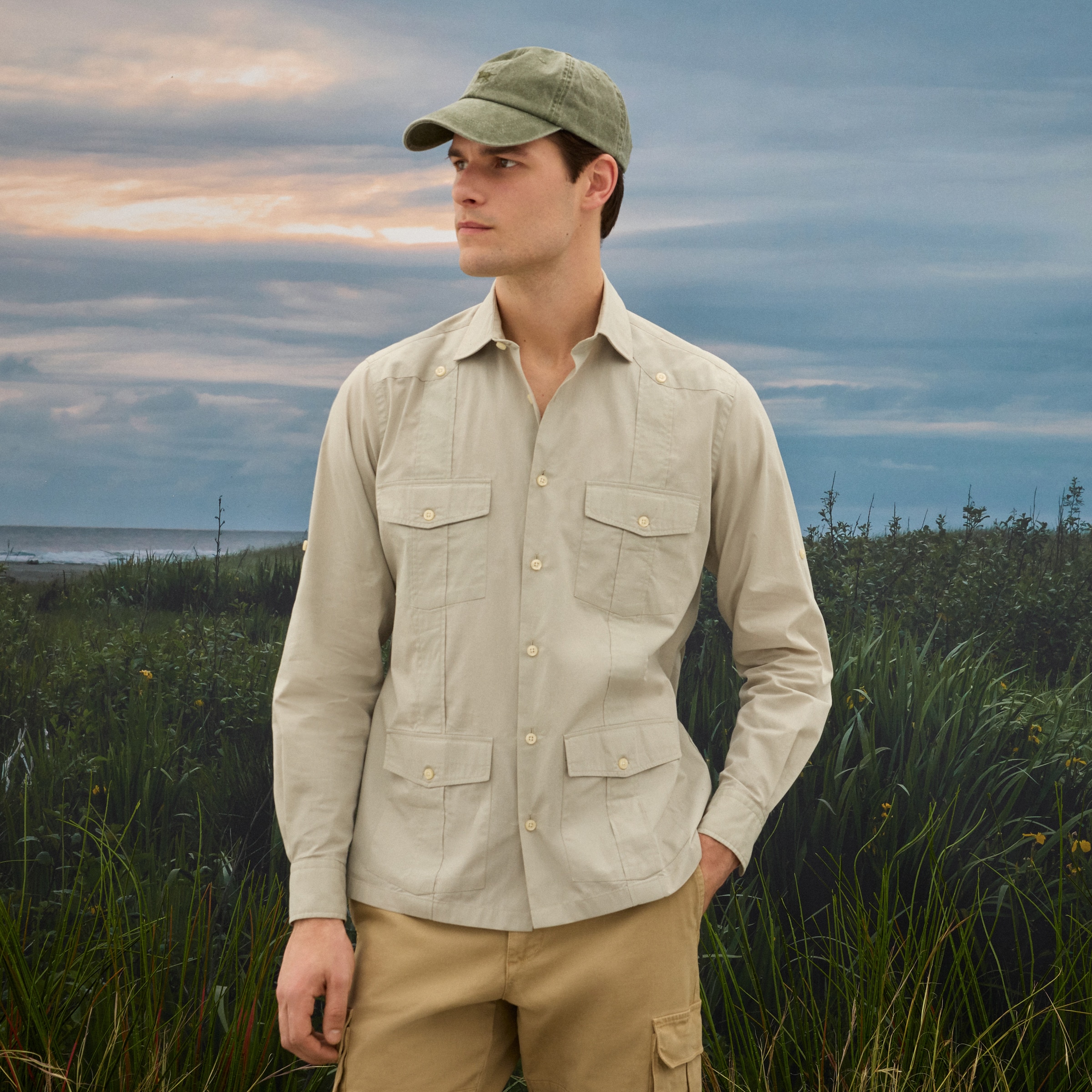 Camisa Guayabera de Algodão de Homem Bege-1