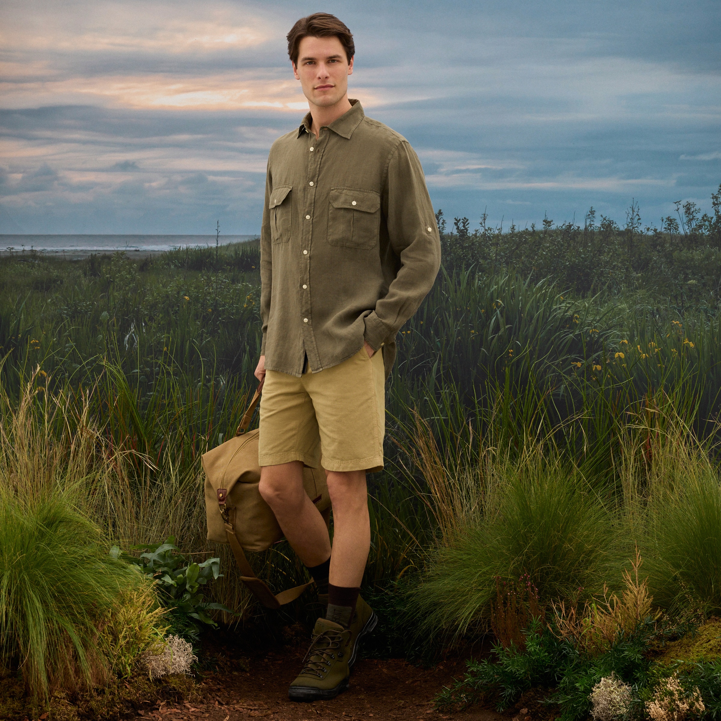 Camisa de Linho de Homem com Lavagem Verde-escuro-2
