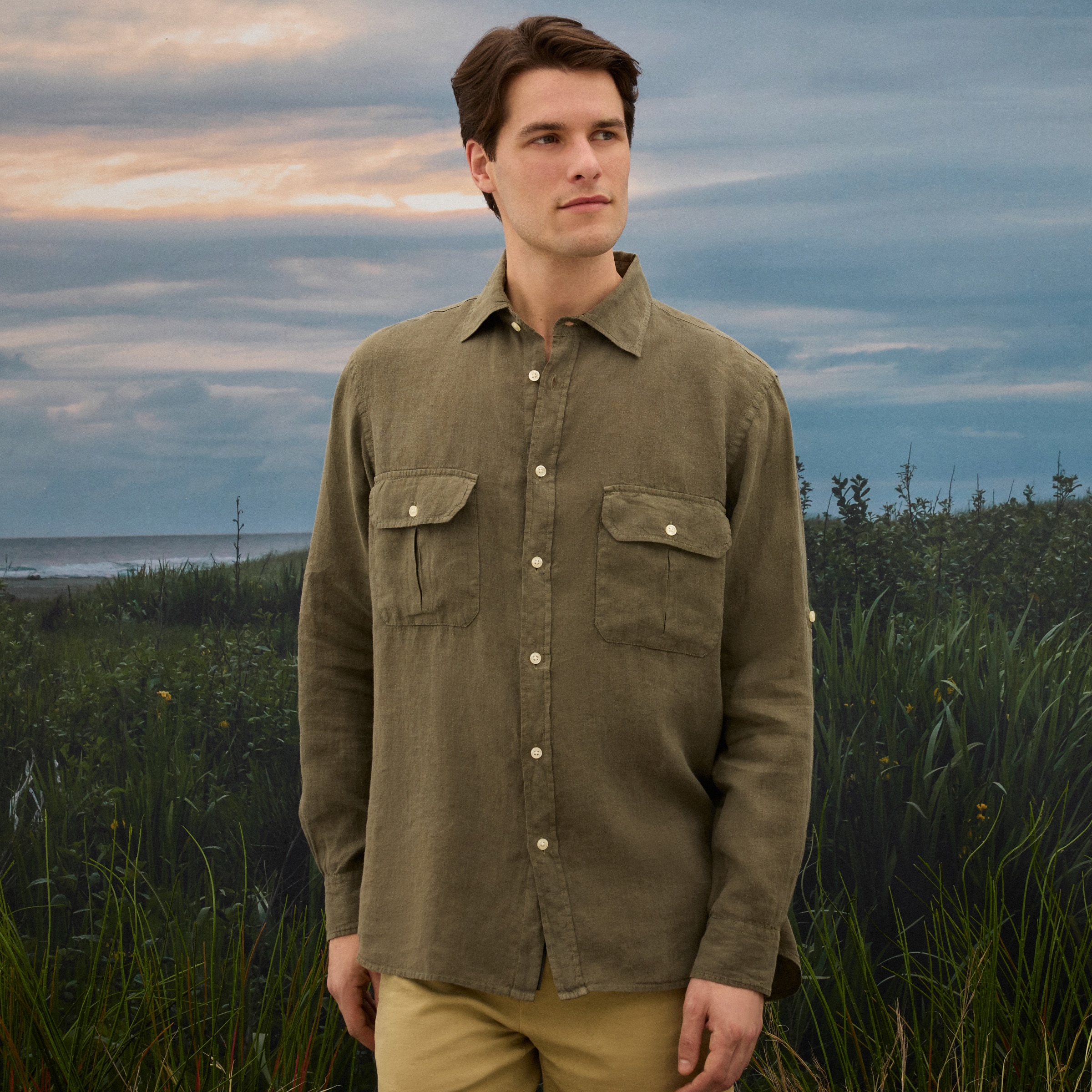 Camisa de Linho de Homem com Lavagem Verde-escuro-1