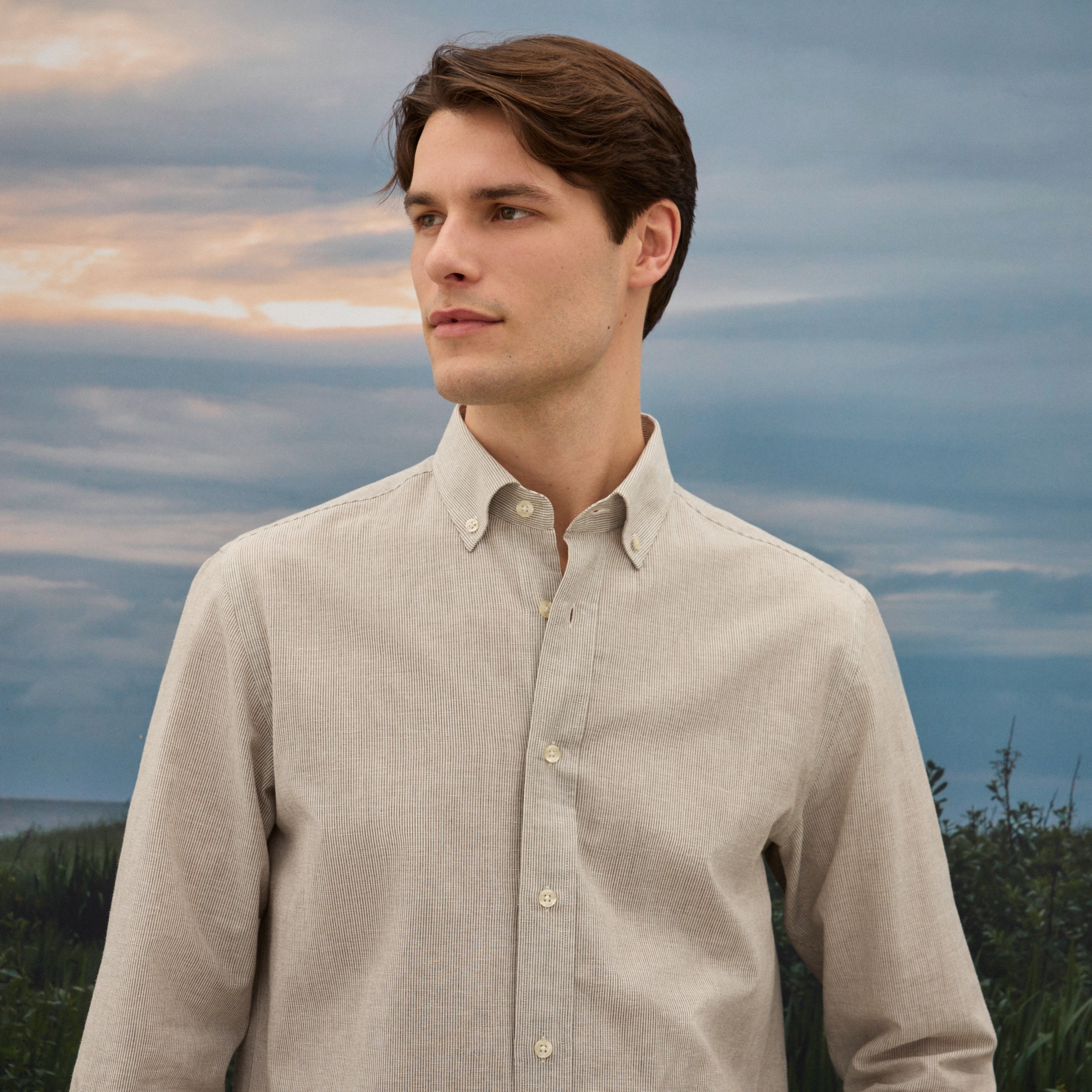 Camisa de Linho às Riscas de Homem Bege-4