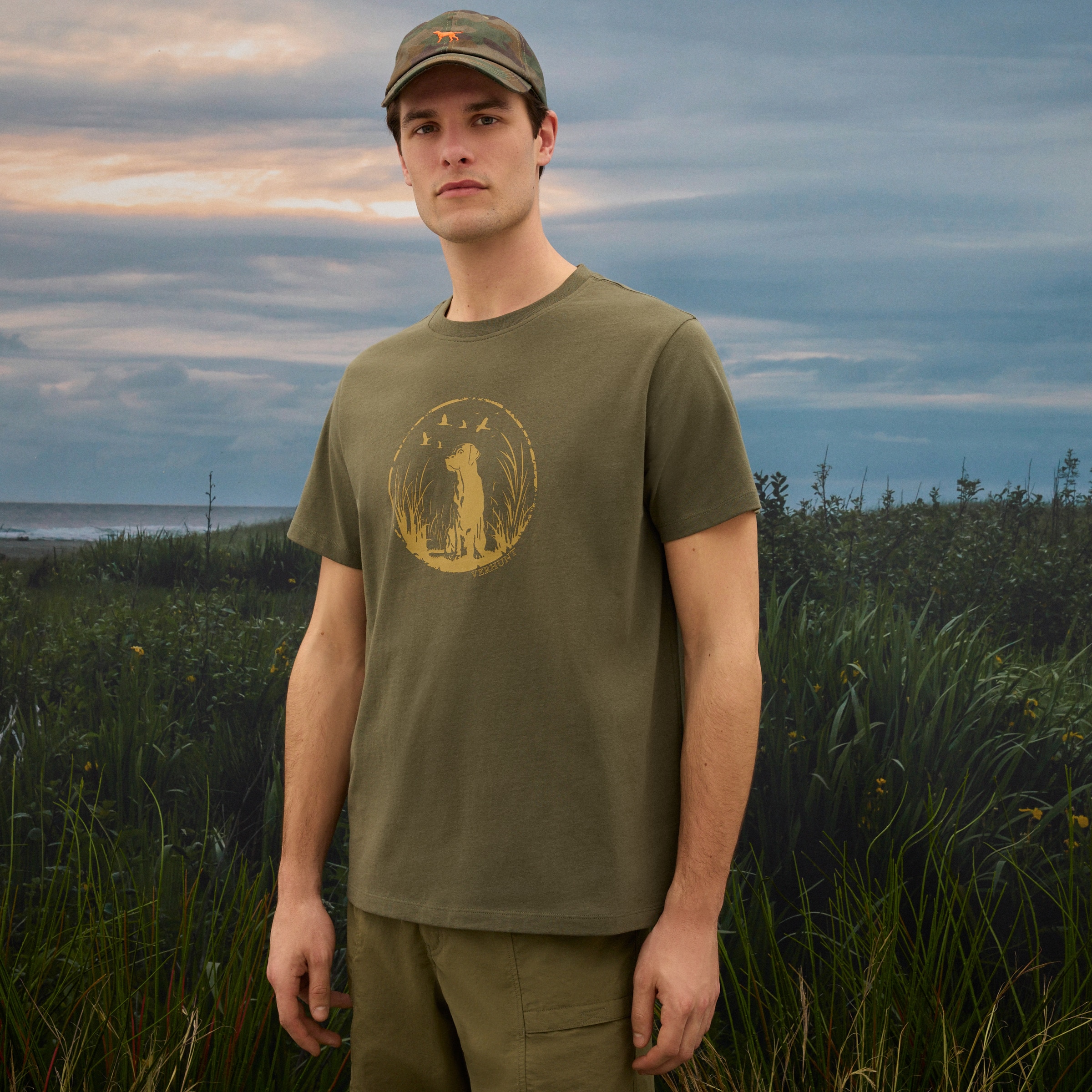 T-shirt de Algodão Estampada de Homem Caqui-4