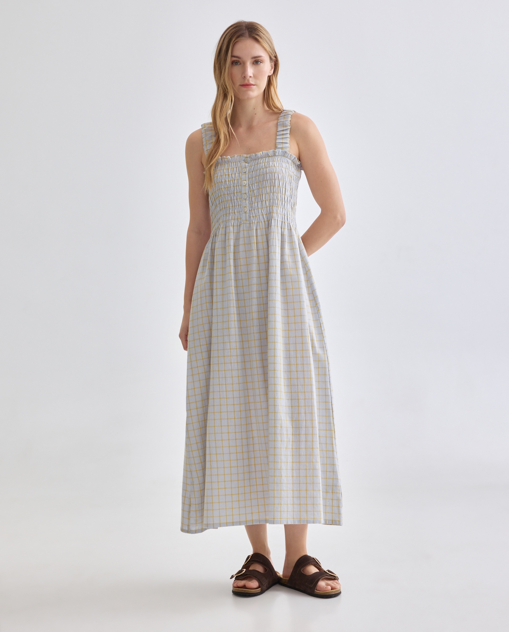 Imagen 0 de Vestido de mujer de cuadros con lino