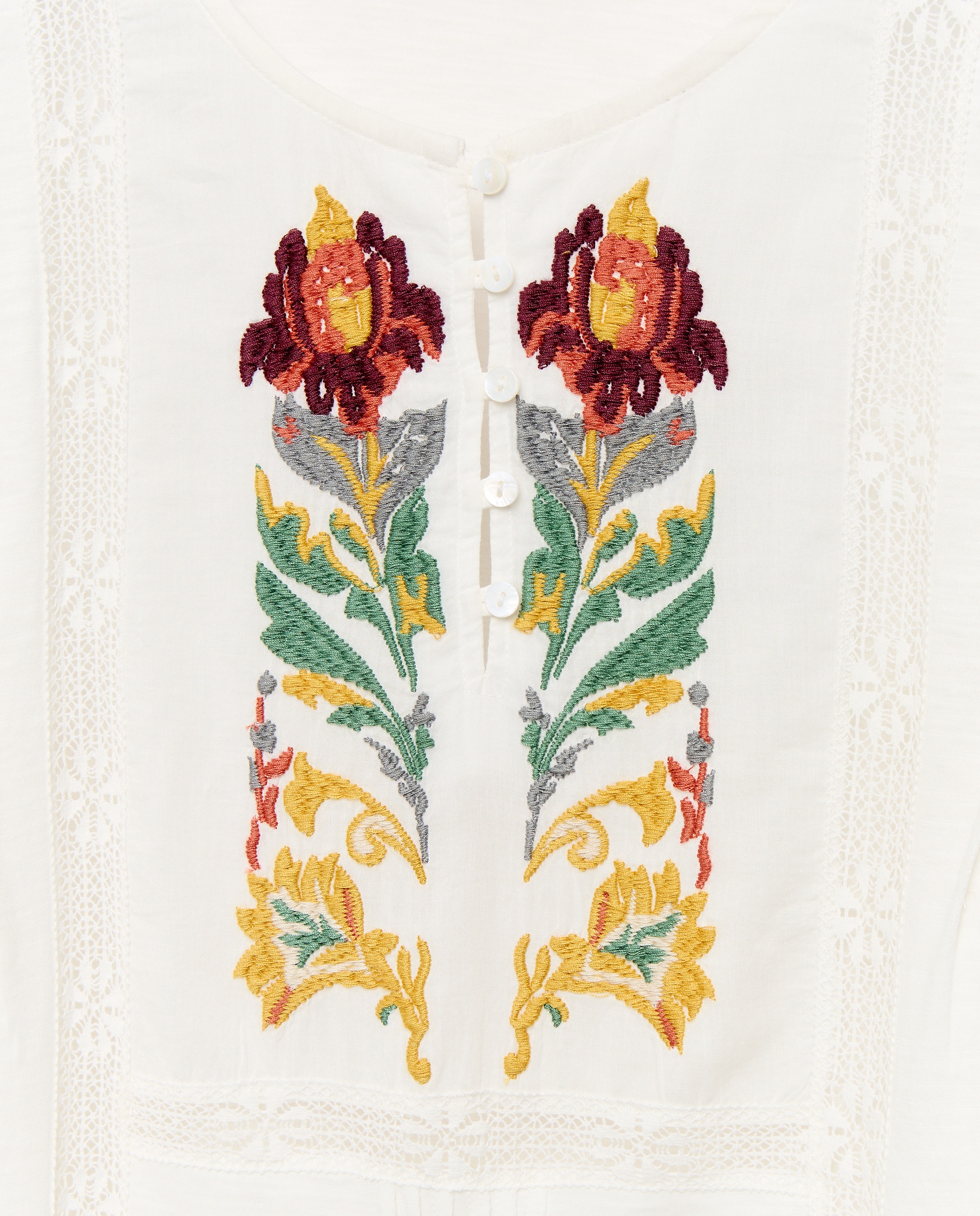 T-shirt de Manga 3/4 com Decote Redondo e Bordado Floral 120 Cru-2