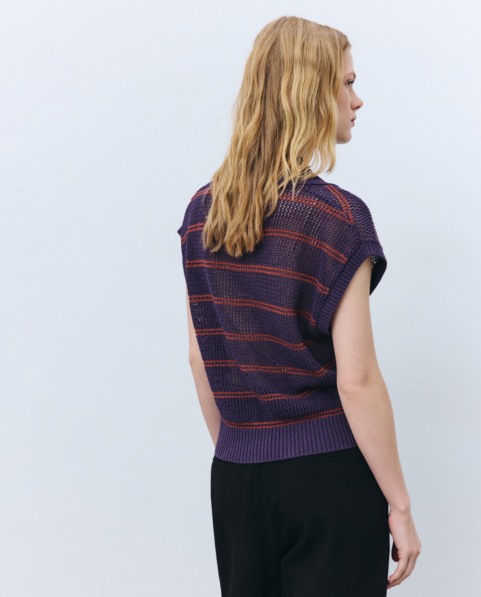 Camisola de Malha às Riscas com Manga Curta e Colarinho de Polo Buganvília-3
