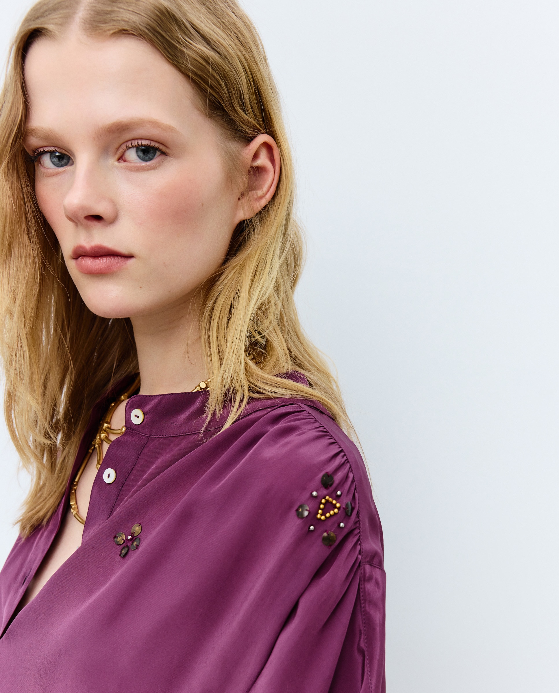 Blusa de Manga Curta com Detalhes Ameixa-4