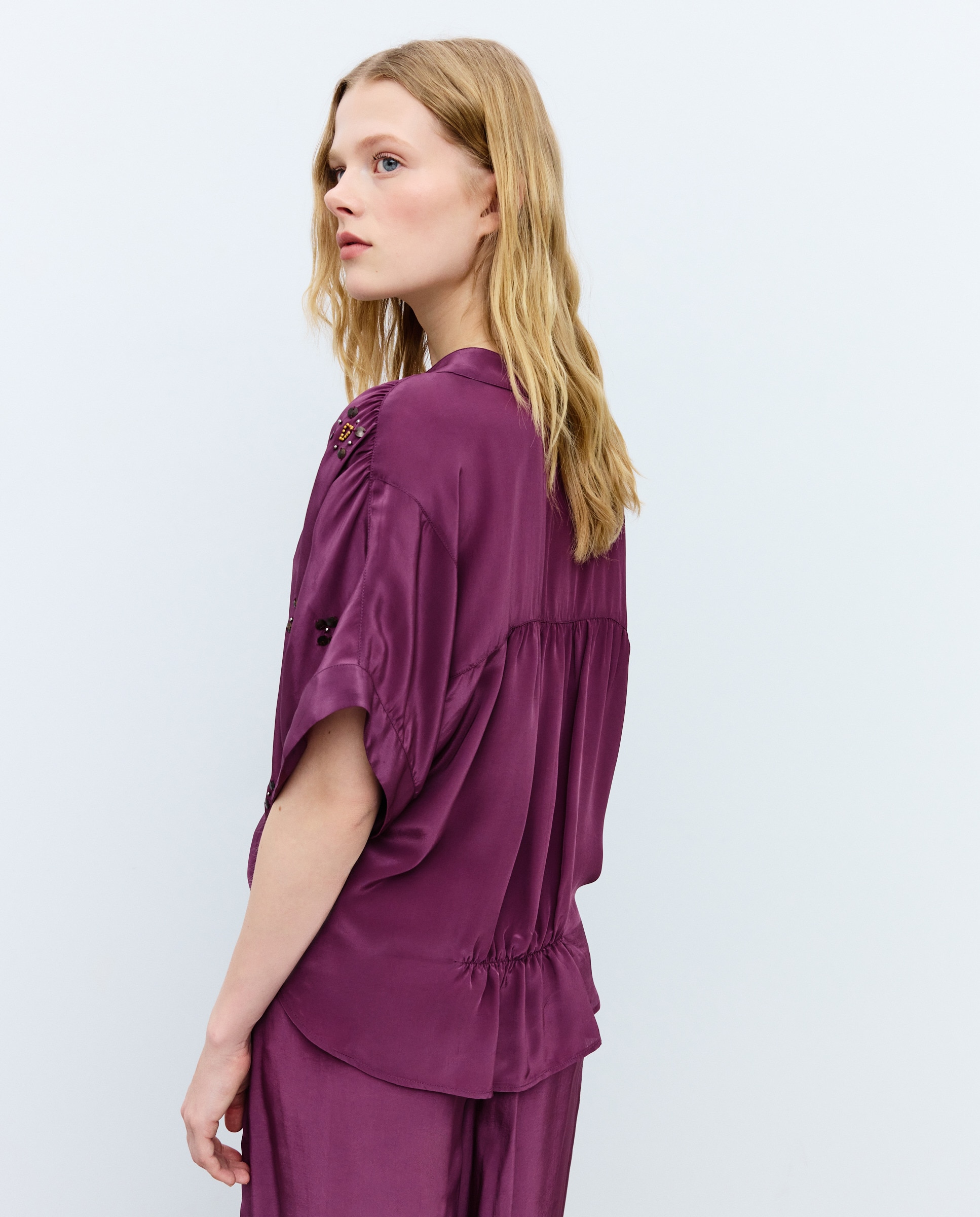 Blusa de Manga Curta com Detalhes Ameixa-2