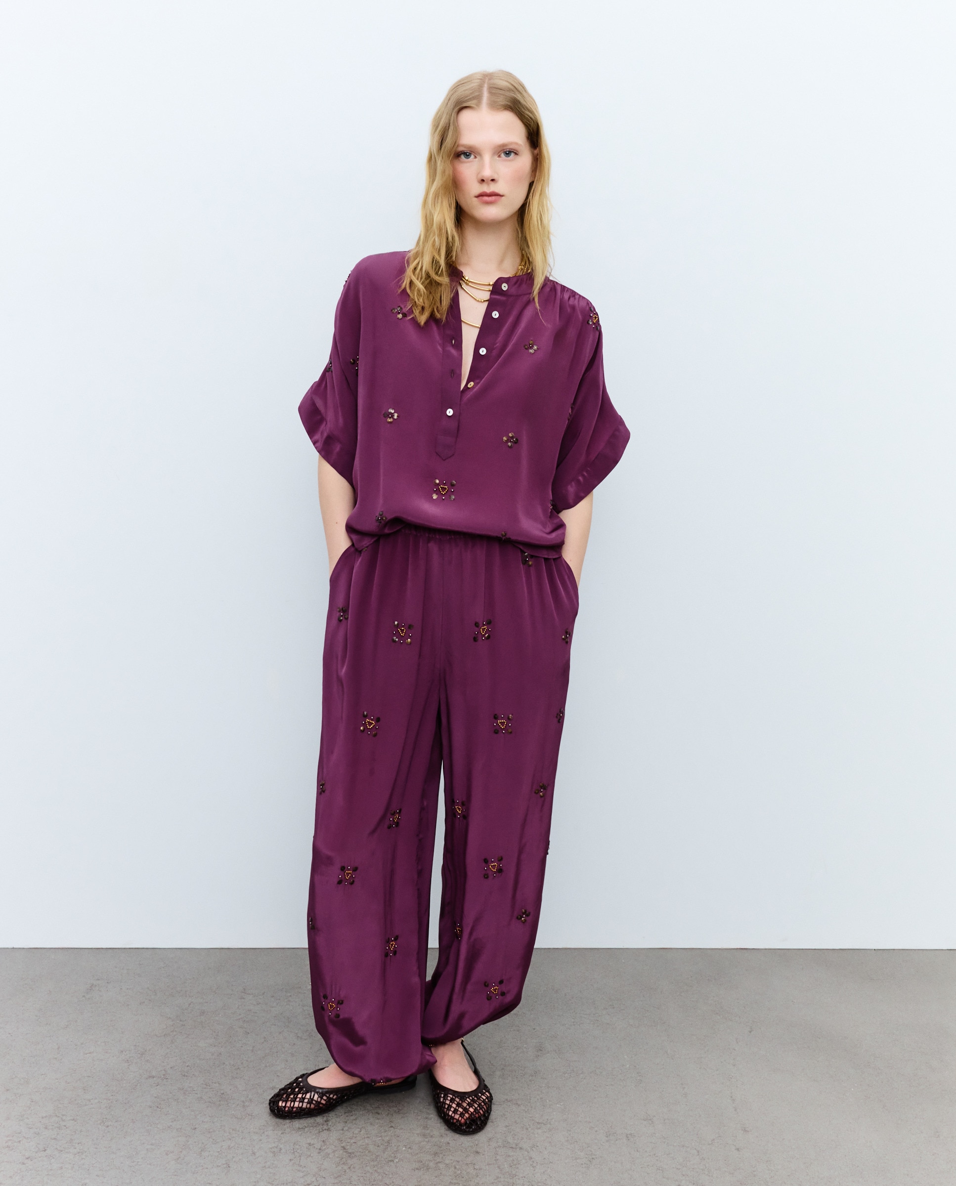 Blusa de Manga Curta com Detalhes Ameixa-3