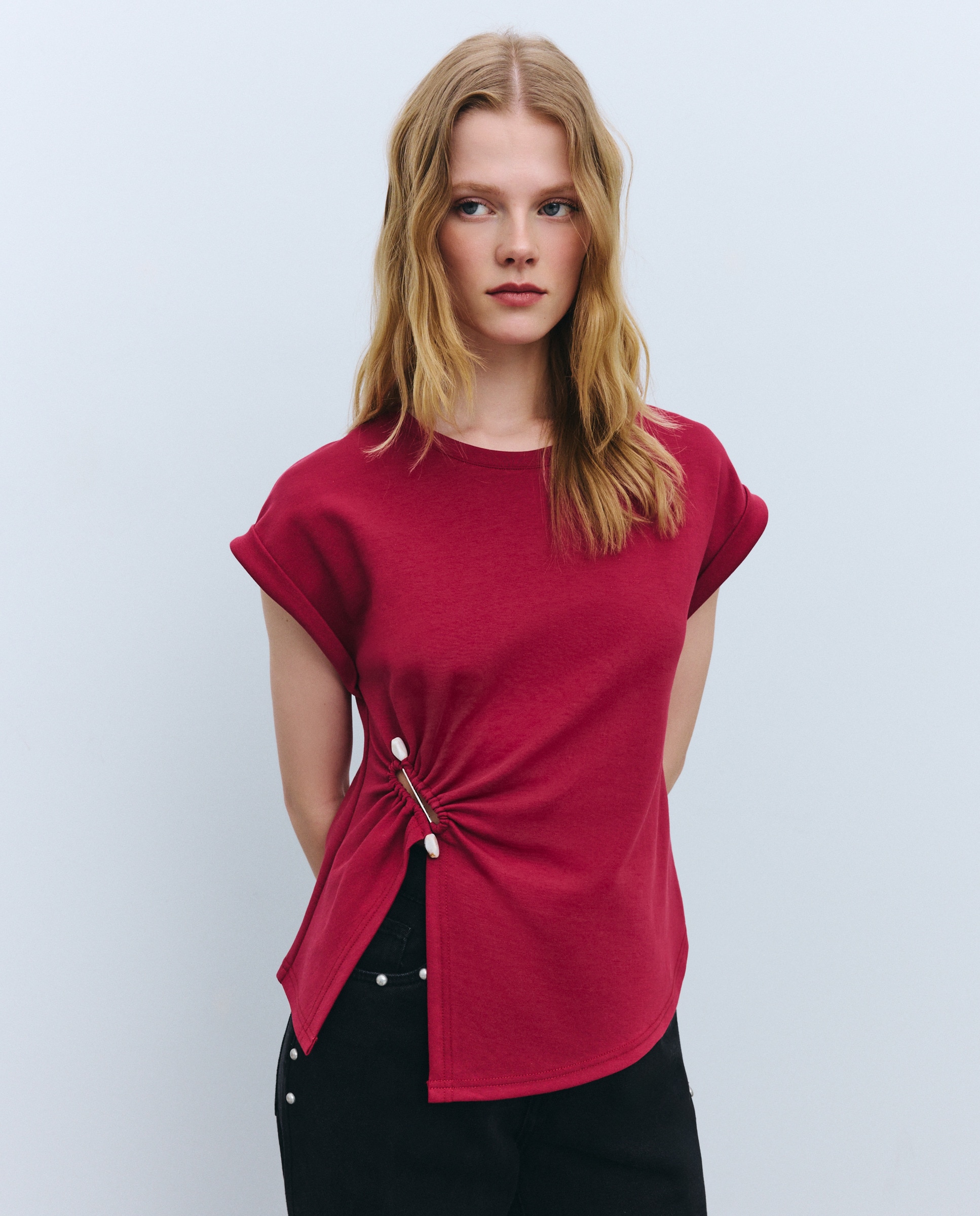 T-shirt com Franzido Lateral e Missanga Ameixa-2