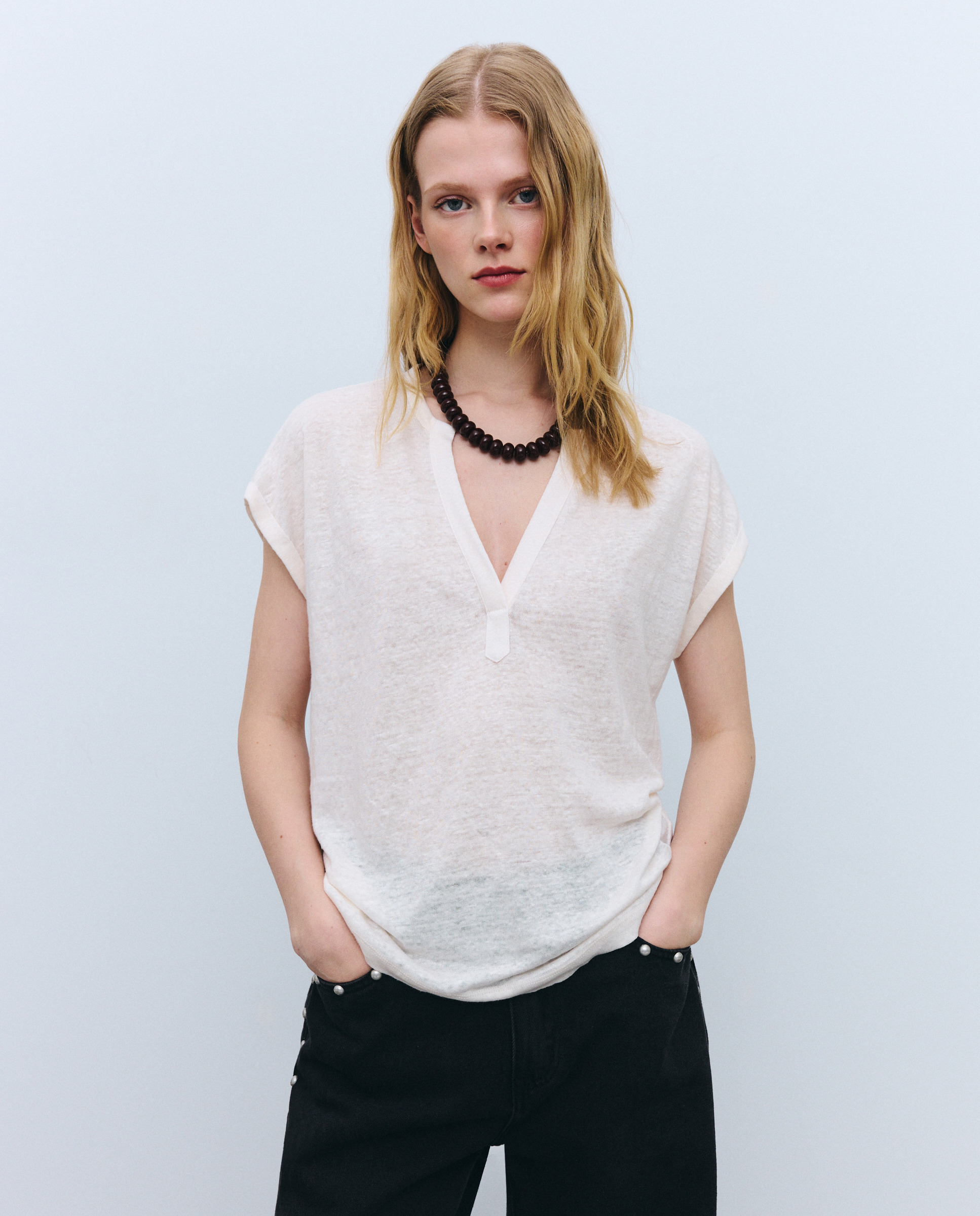 T-shirt de Linho com Decote com Laço 120 Cru-2
