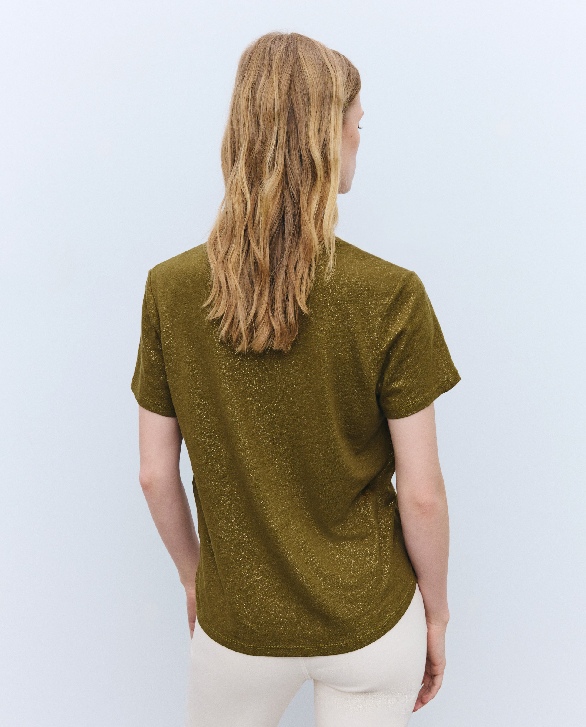 T-shirt de Linho e Fio Metalizado com Decote em Bico 586 Lima-3