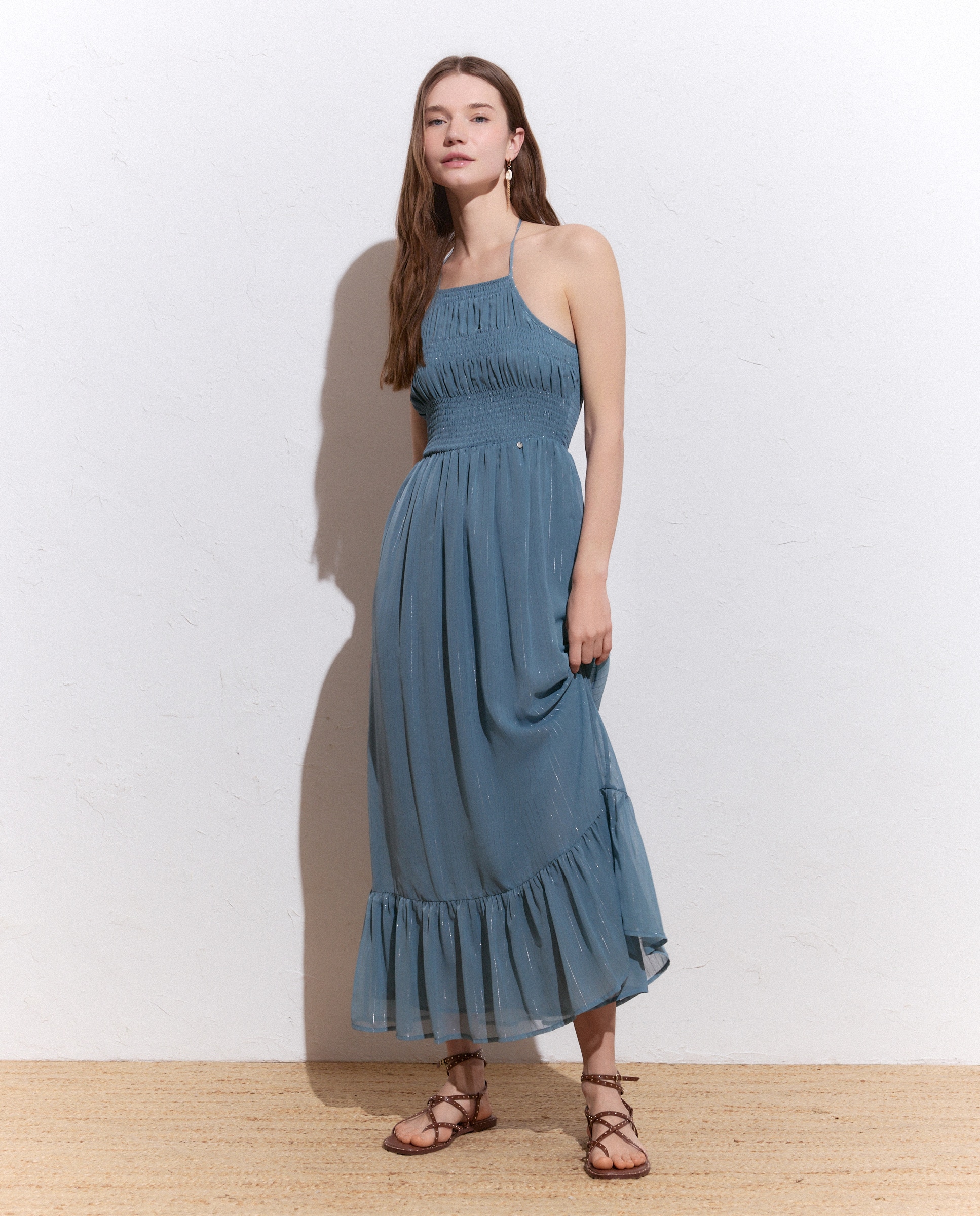 Vestido de Chiffon Halter com Fio Metalizado Esmeralda-2