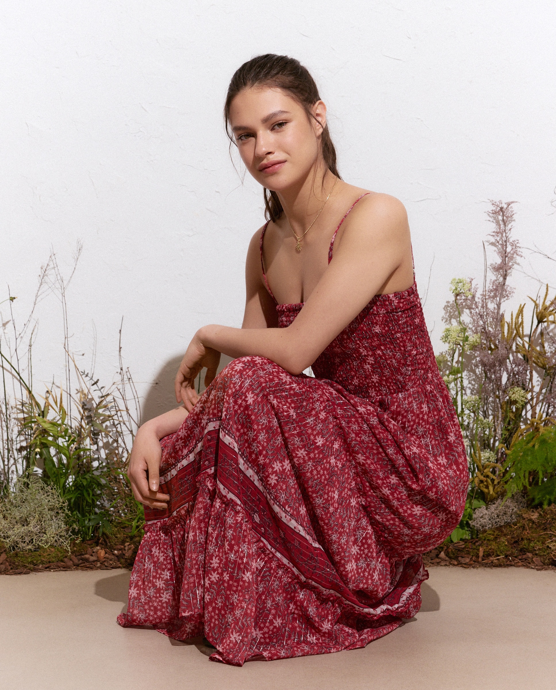 Vestido Comprido com Rebordo Decorativo e Estampado 770 Terracota-2