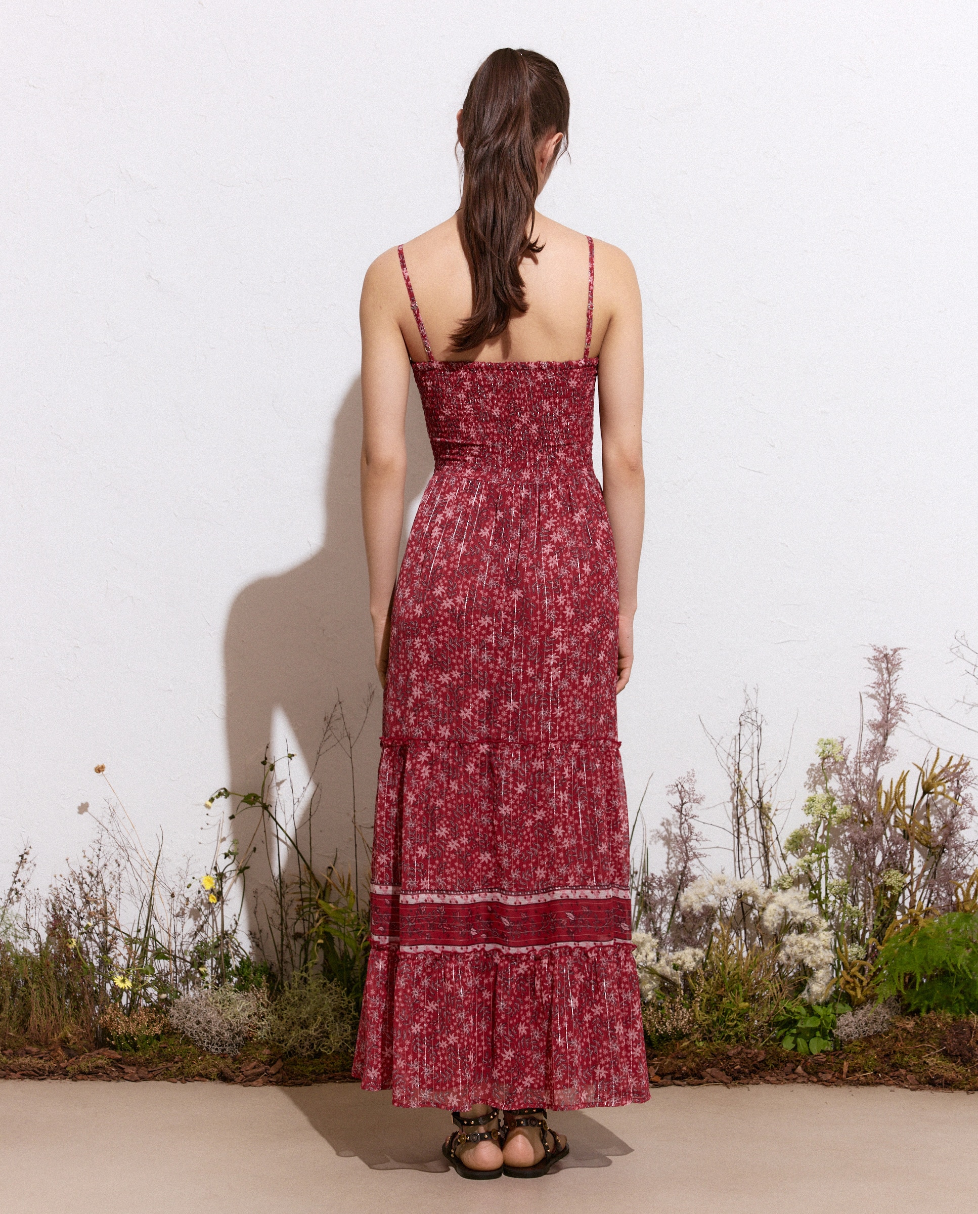 Vestido Comprido com Rebordo Decorativo e Estampado 770 Terracota-3