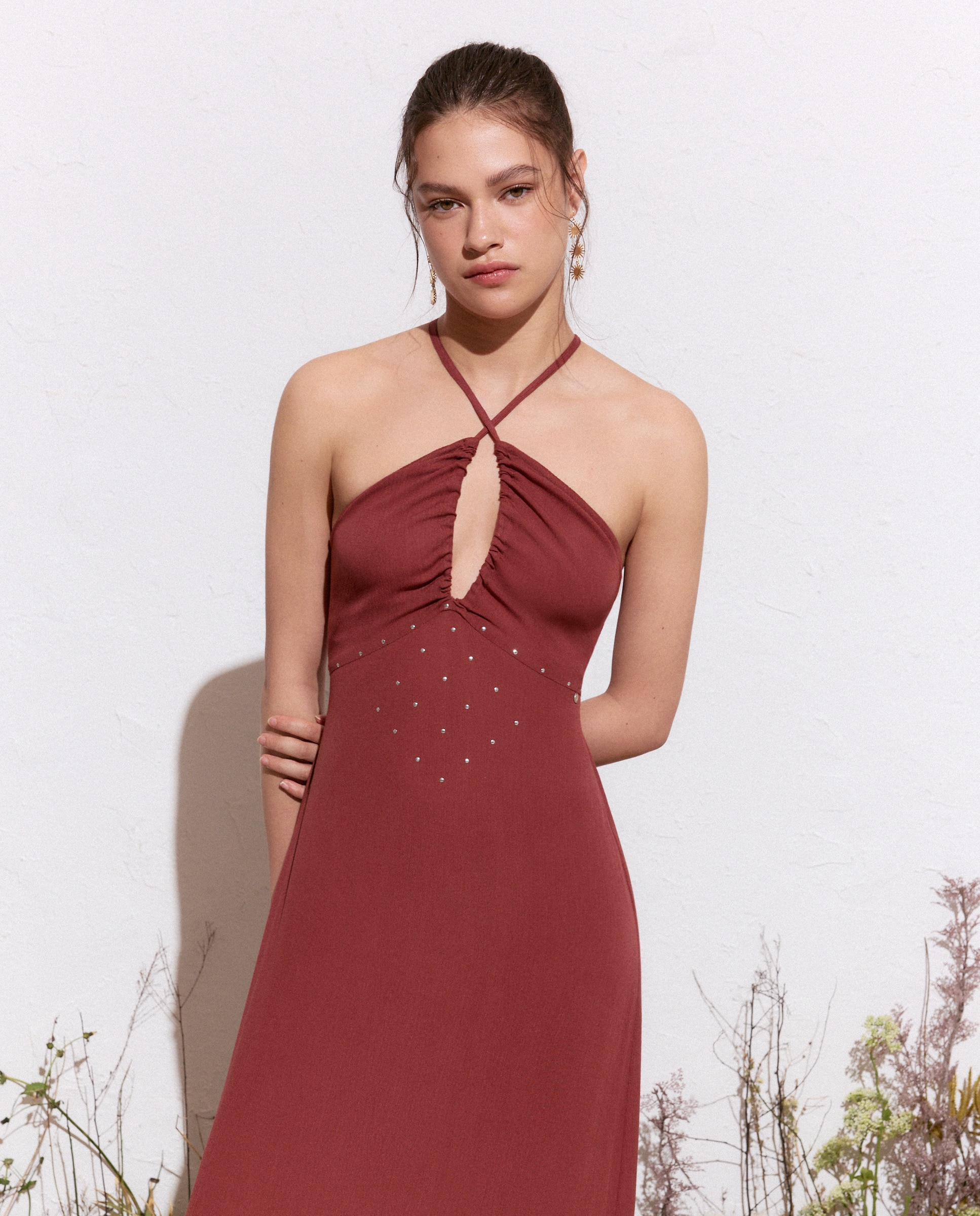Vestido Comprido com Decote Franzido Açafrão-2
