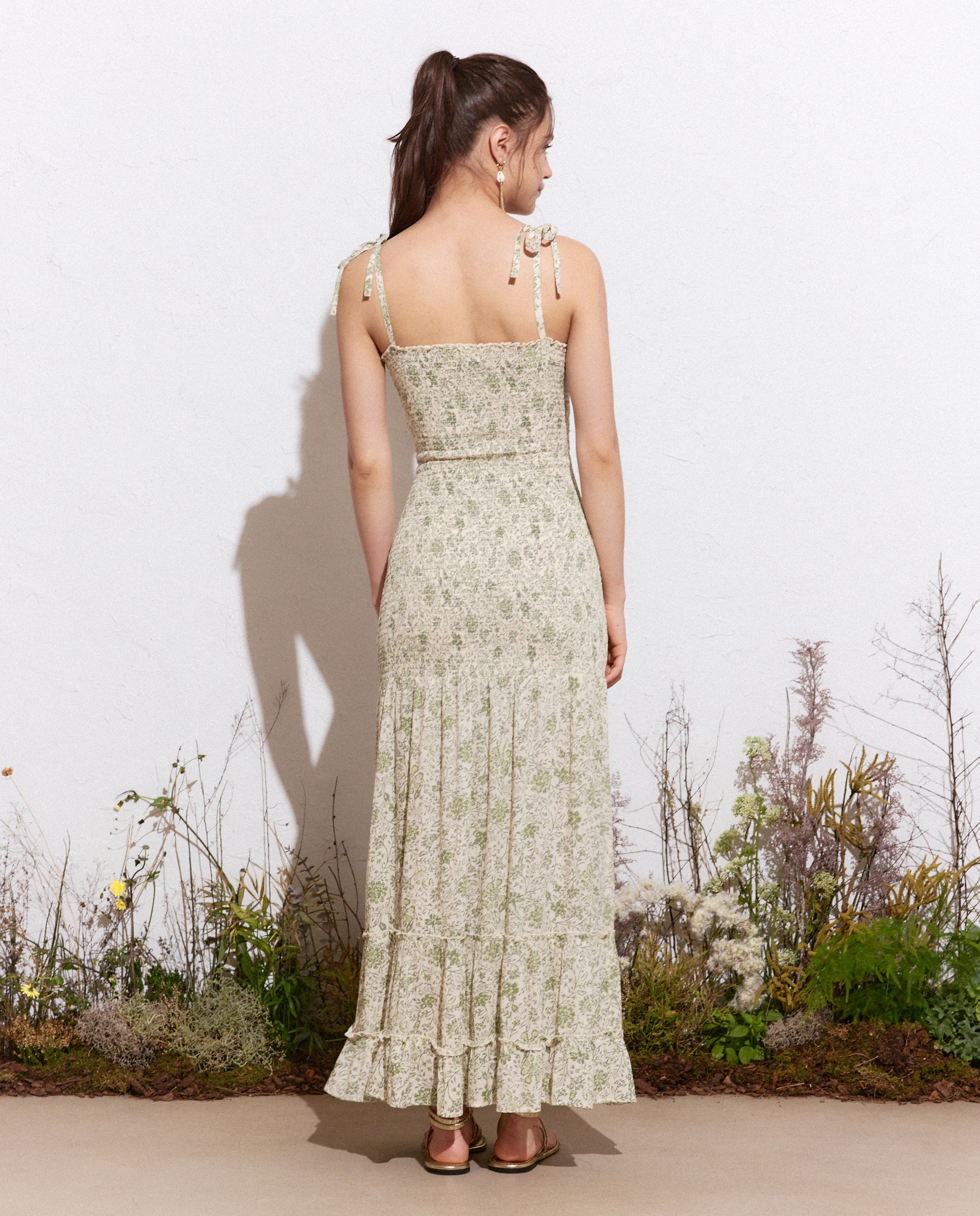 Vestido com Elásticos, Estampado e Laços 520 Caqui-3