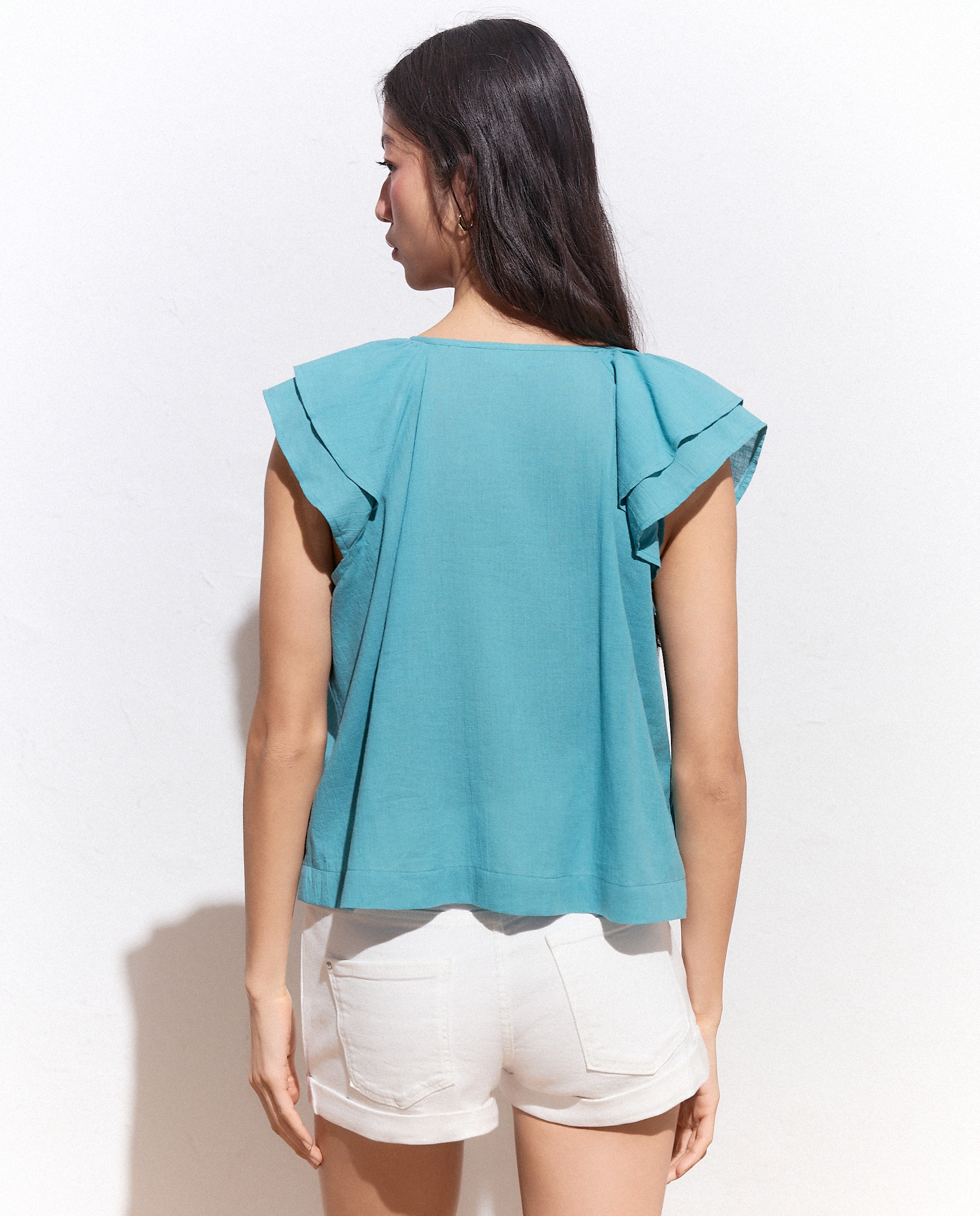 Blusa com Folhos Verde Pato-3