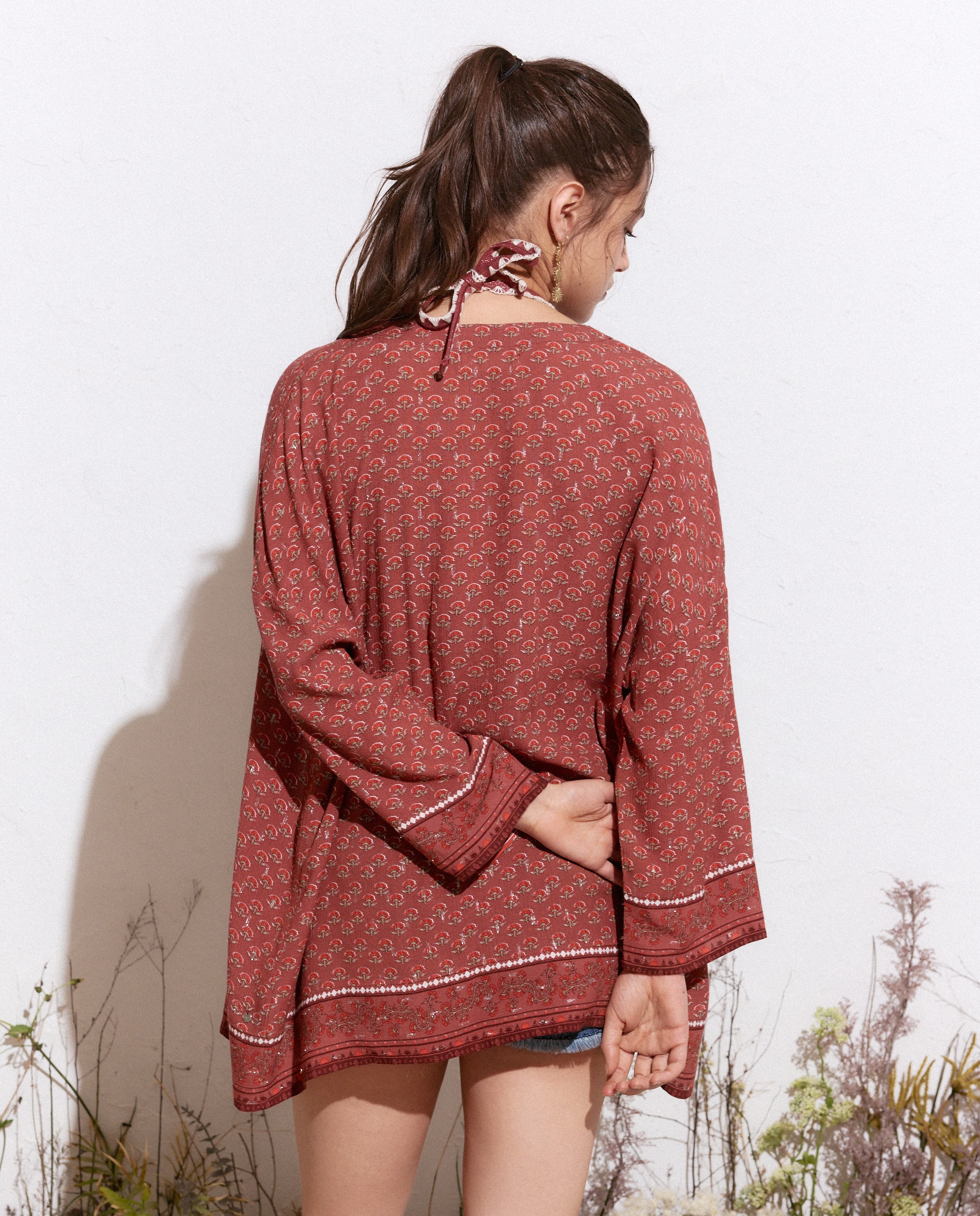 Kimono com Estampado de Rebordo Decorativo 770 Terracota-3