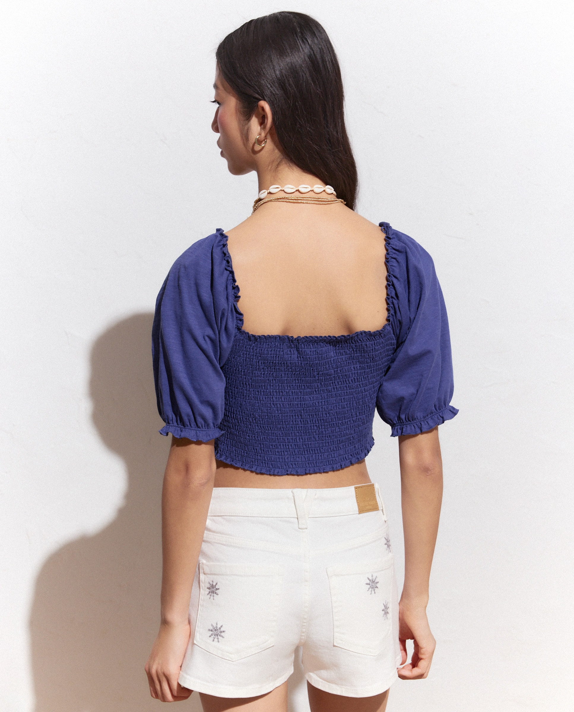 T-shirt com Corpo com Favos de Mel Azul-3
