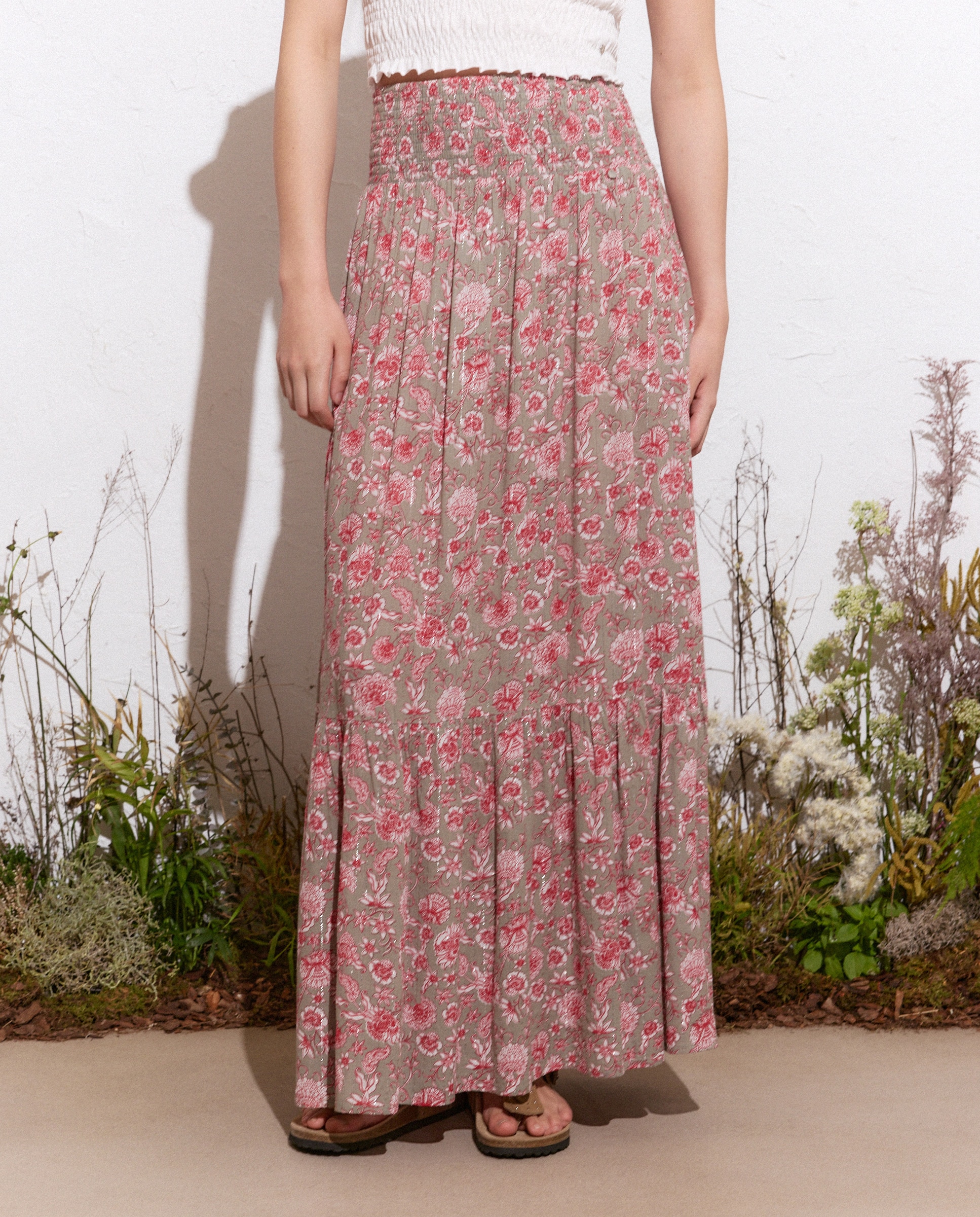 Saia Comprida com Estampado e Fio Metalizado Verde Sálvia-2