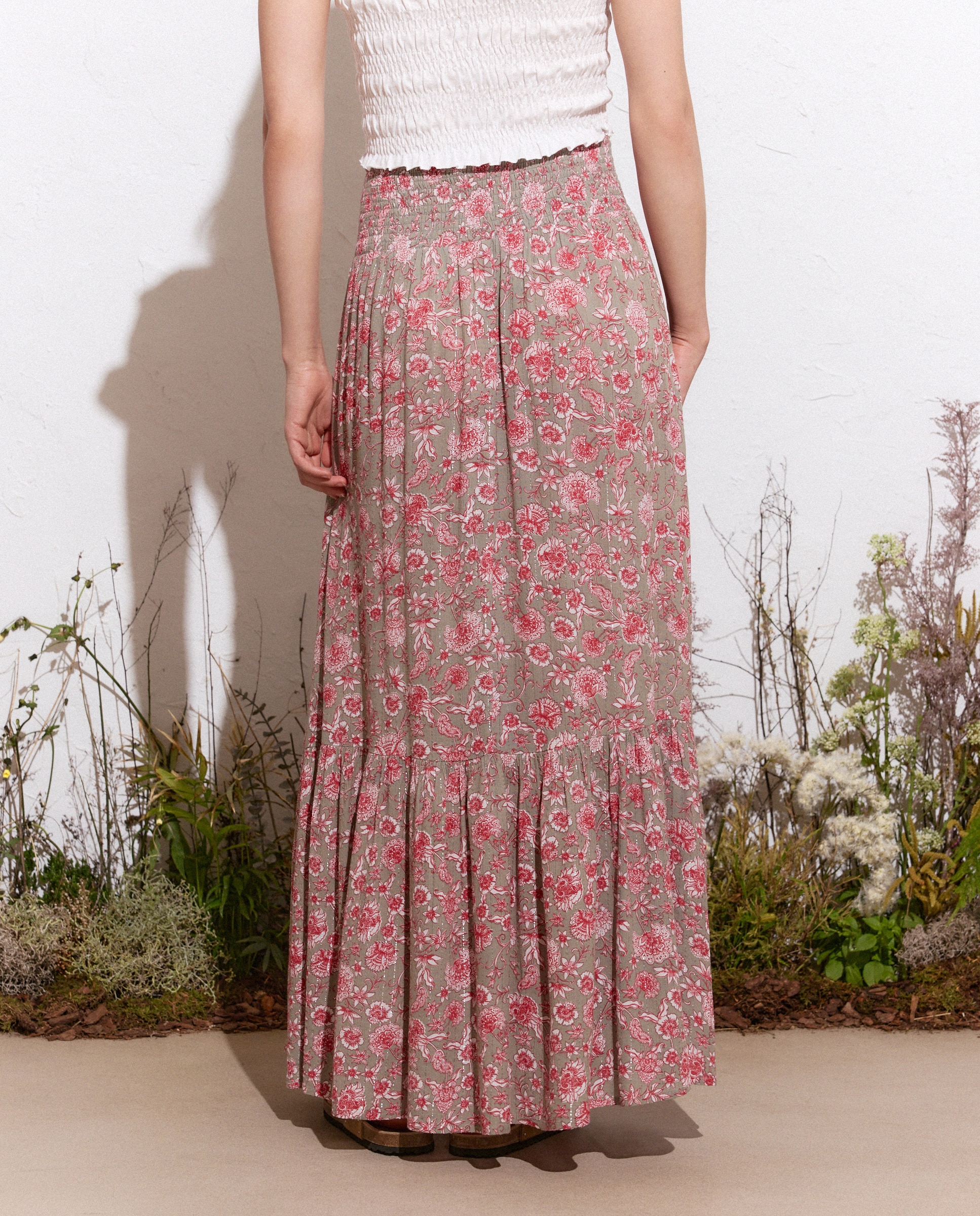 Saia Comprida com Estampado e Fio Metalizado Verde Sálvia-3