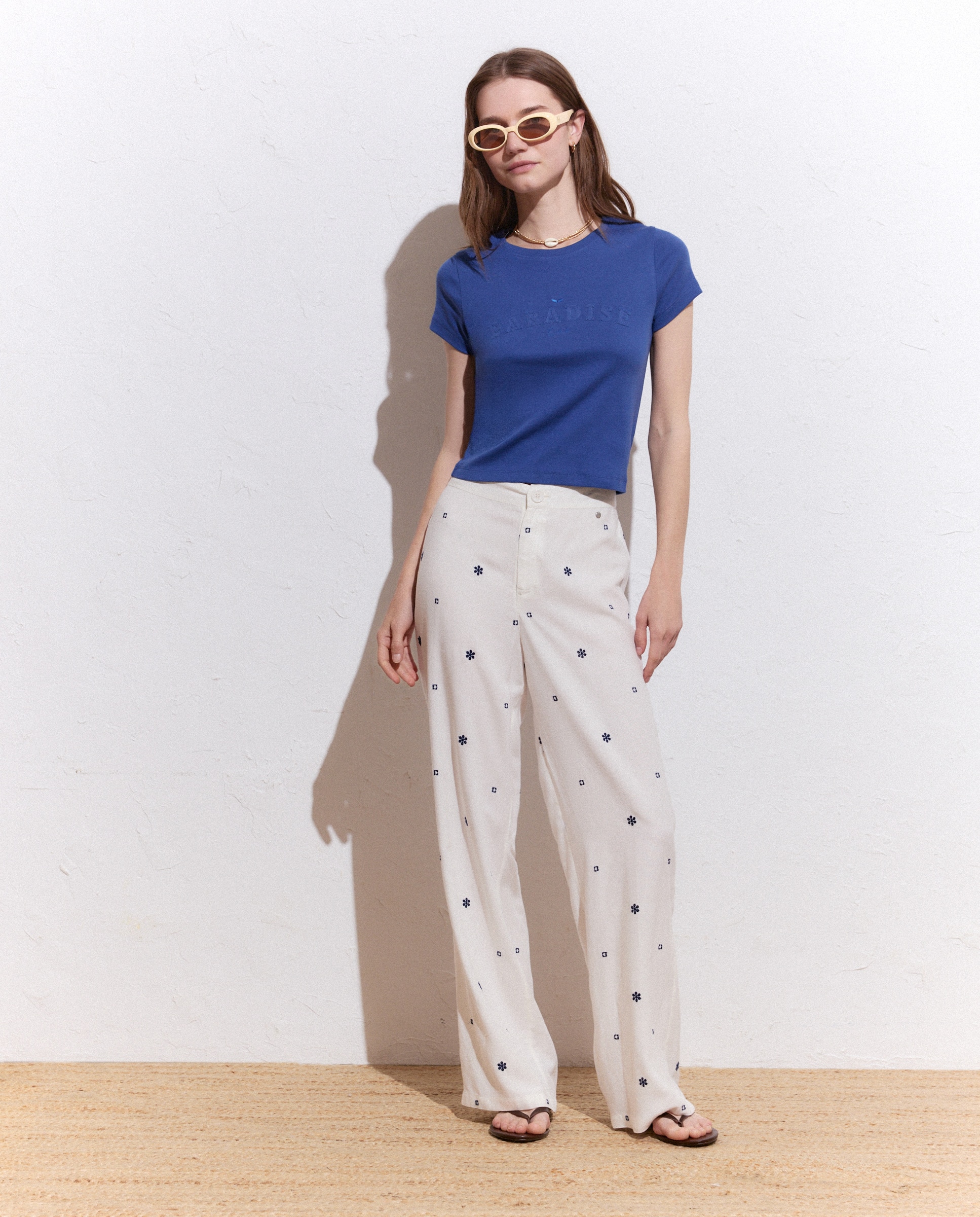 T-shirt de Manga Curta Lisa Azul pálido-2