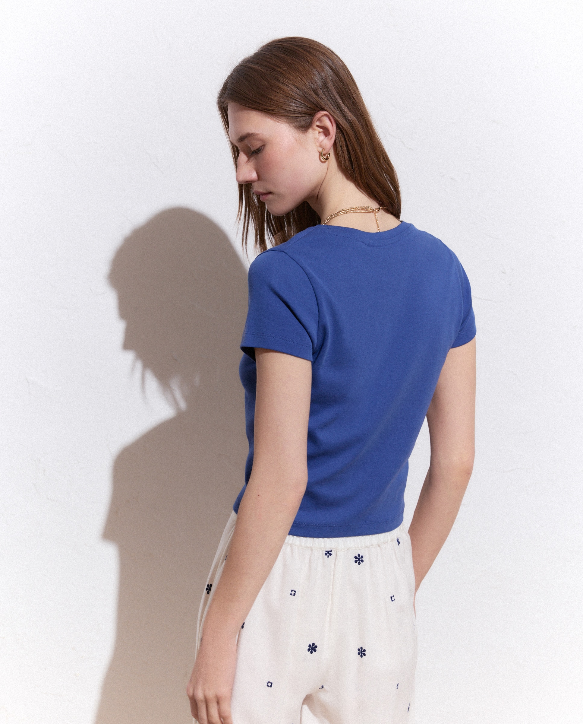 T-shirt de Manga Curta Lisa Azul pálido-3