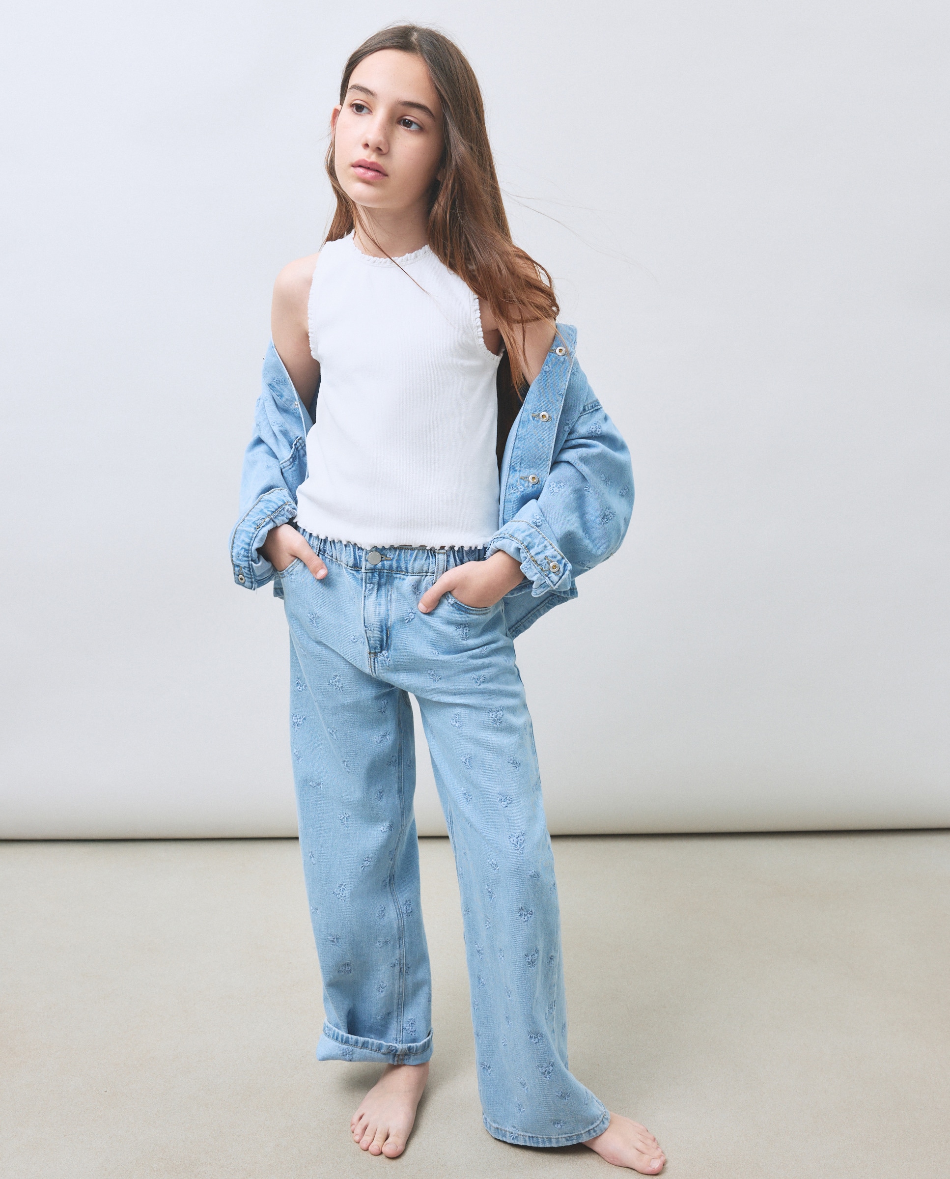 Jeans Wide Leg com Fantasia e Bordado Tone to Tone Kids El Corte Inglés Cinzento-2