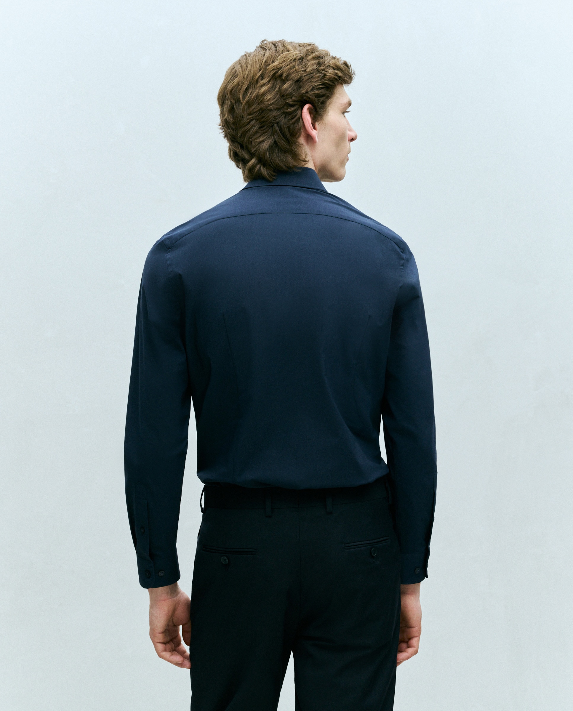 Camisa Formal Lisa de Manga Comprida com Padrão Slim Azul-marinho-3