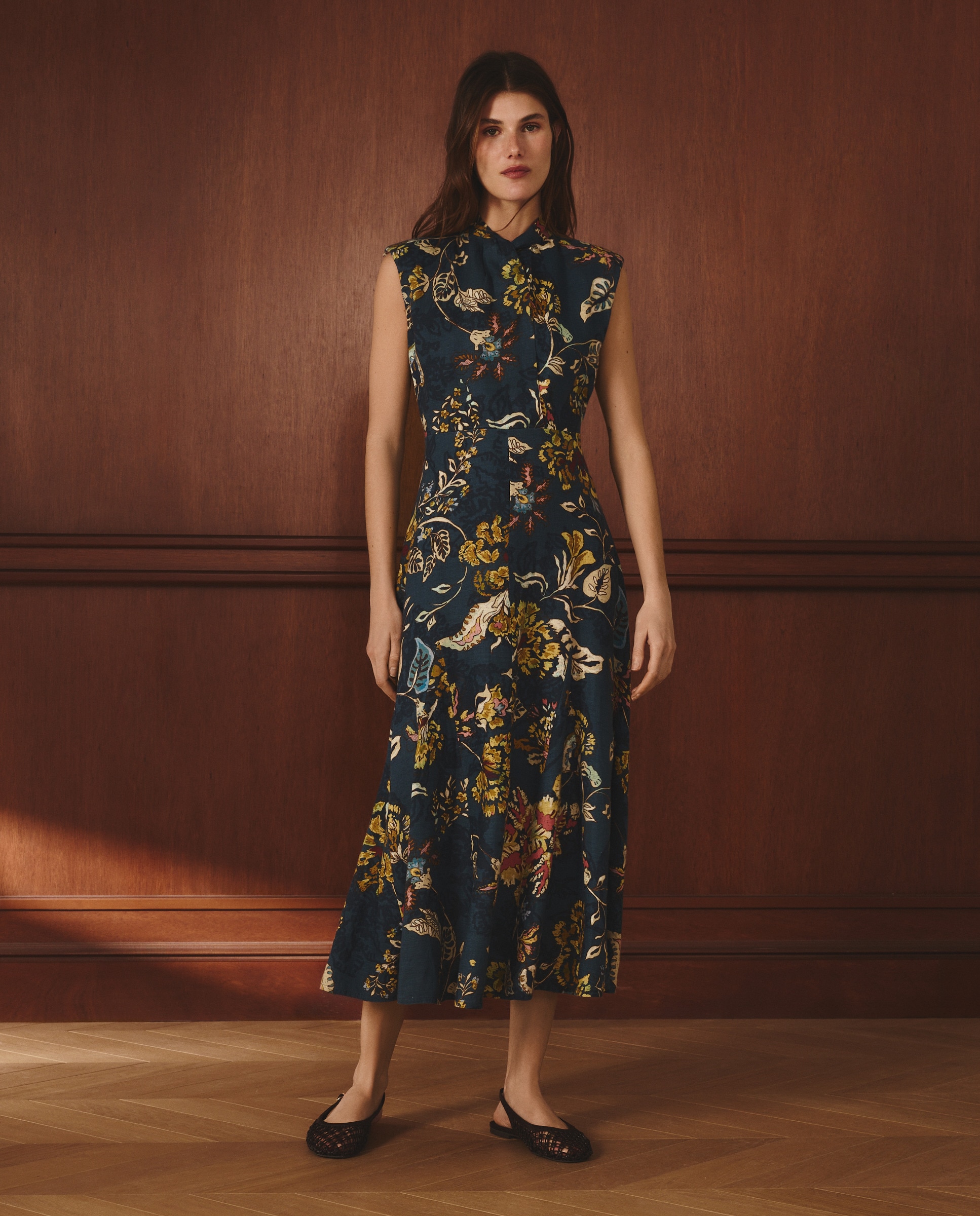 Imagem 0 de Vestido de Linho sem Mangas com Nó no Decote e Estampado