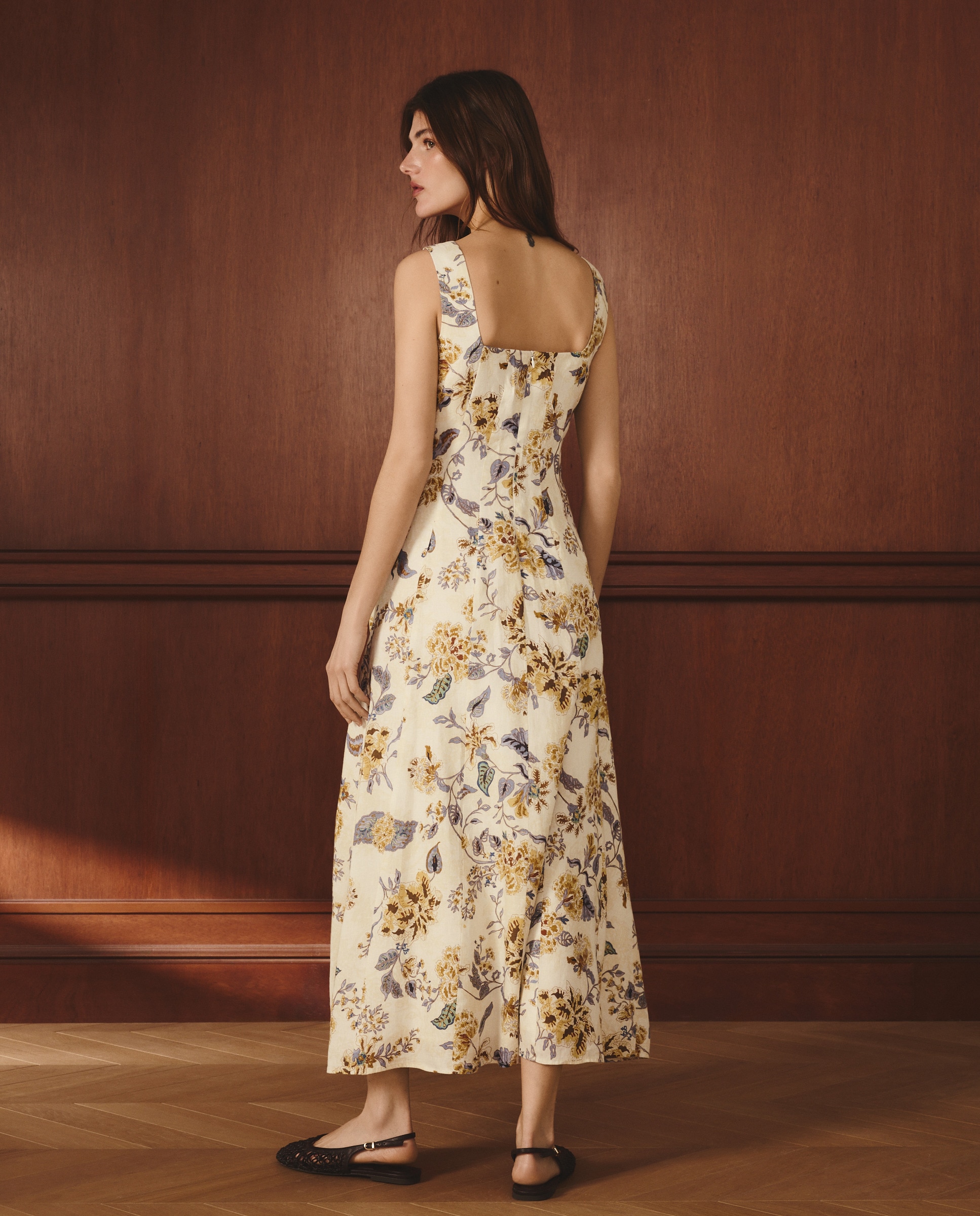 Vestido de Linho sem Mangas com Decote Quadrado e Estampado Floral Amarelo-3
