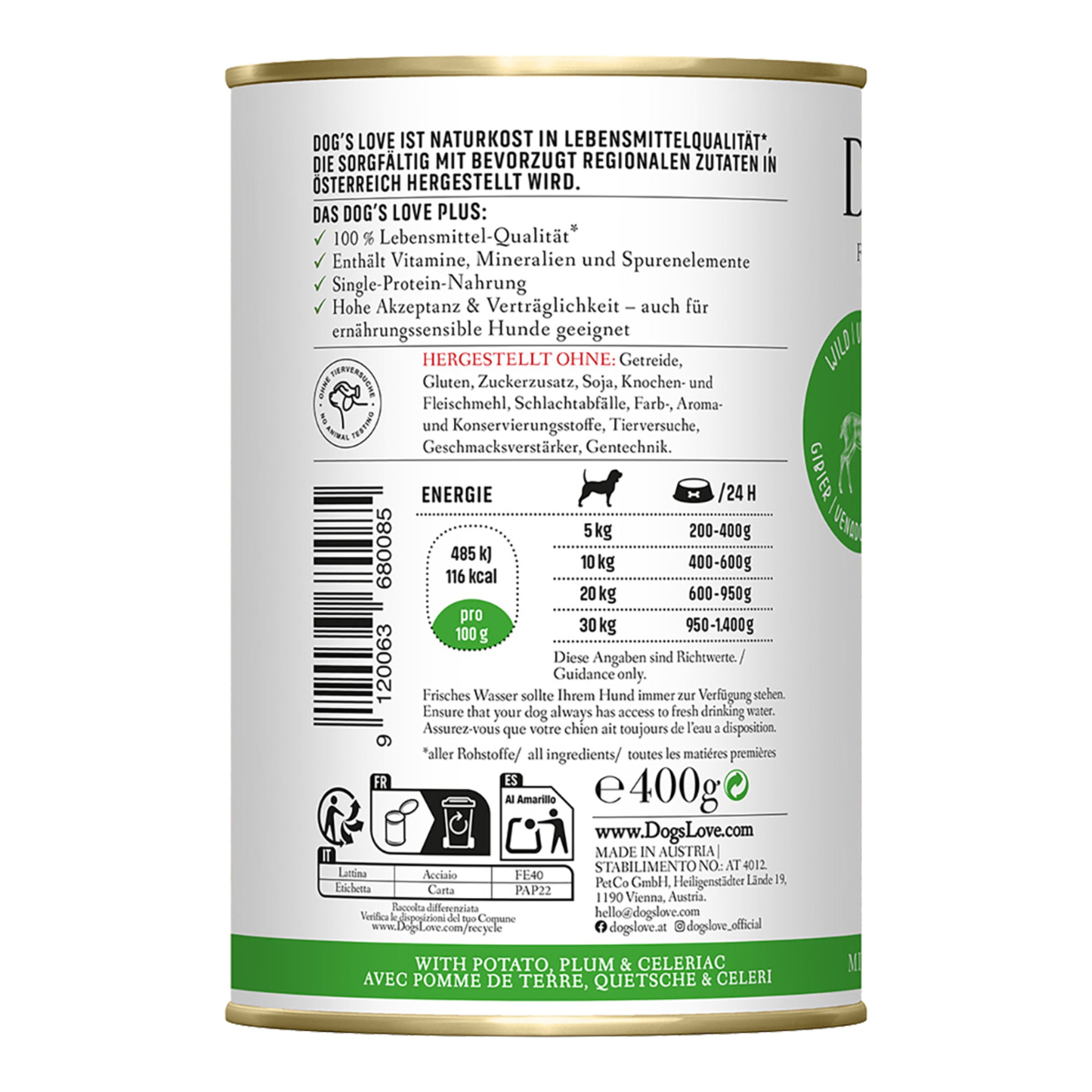 Comida húmeda para perros adultos Dog's Love venado sin cereales 400 g 2