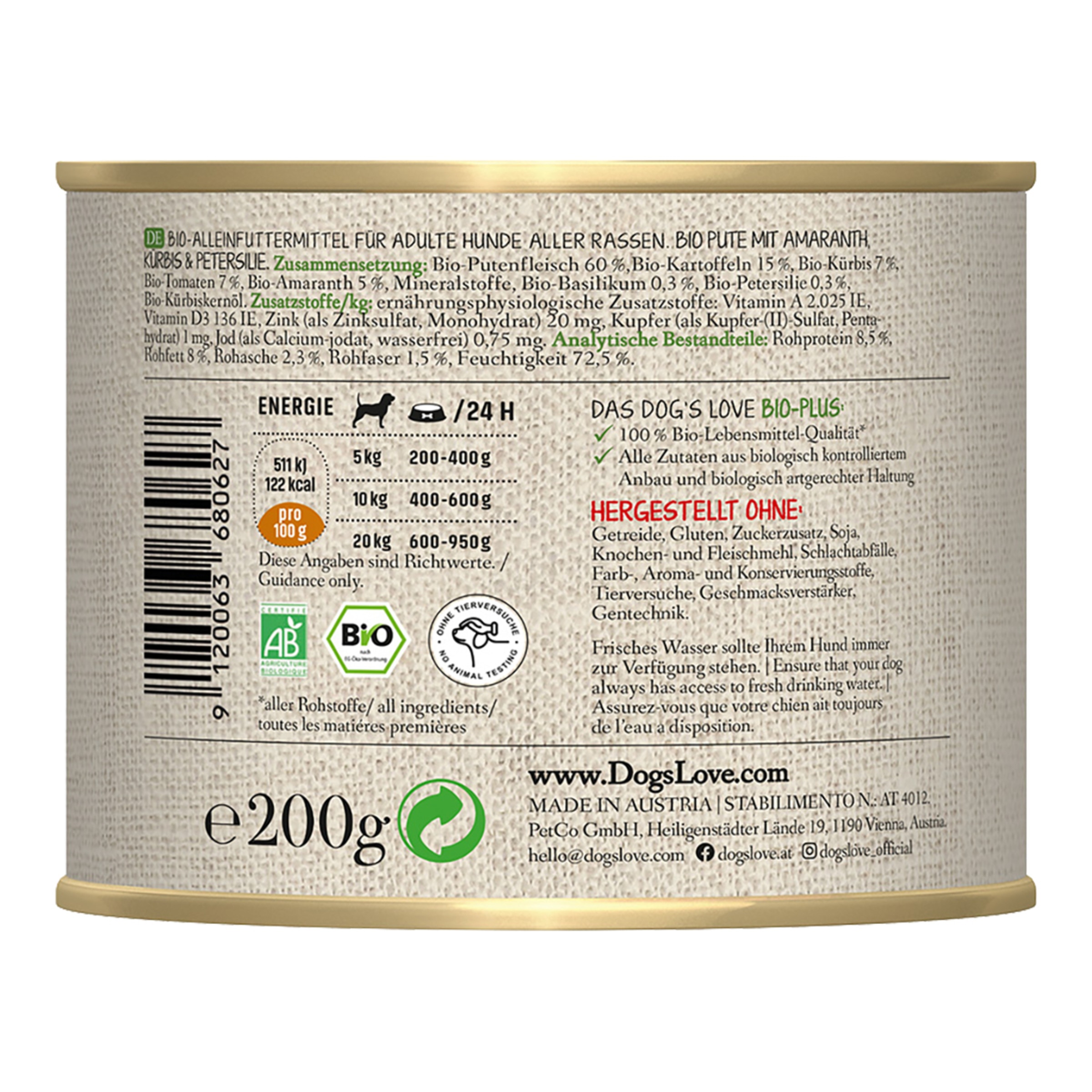 Comida húmeda para perros adultos Dog's Love Bio pavo sin cereales 200 g 2