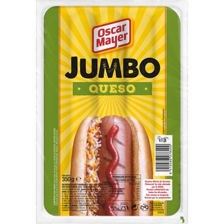 Jumbo salchichas cocidas y ahumadas de cerdo y pollo con queso fundido sin gluten 4 piezas envase 350 g - Oscar Mayer