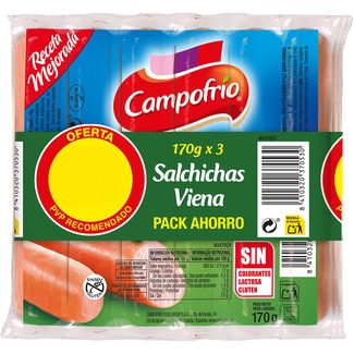 salchichas Viena cocidas de cerdo, pollo y pavo con sabor ahumado pack 3 x 170 g envase 510 g sin gluten sin lactosa - Campofrio