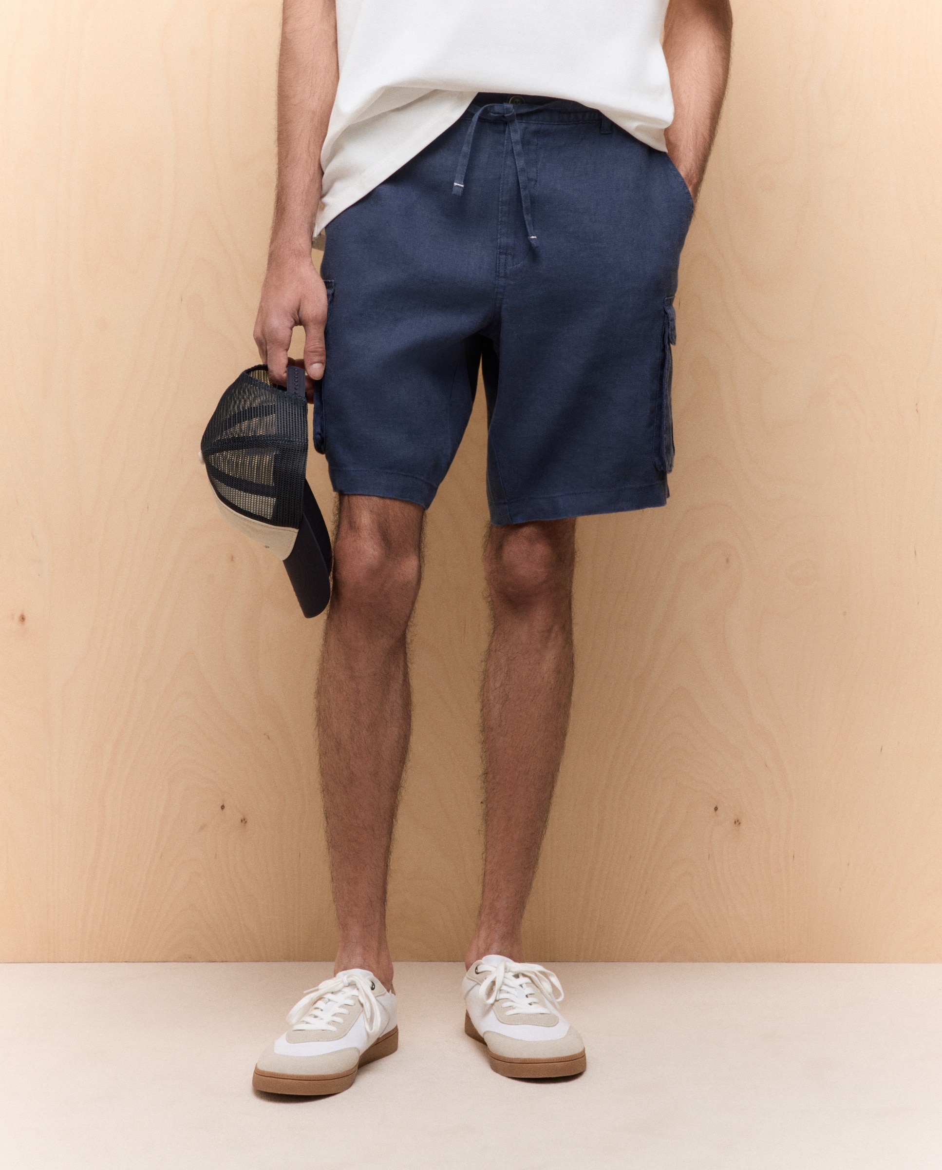 Bermudas 100% Linho Multibolsos 400 Azul-2