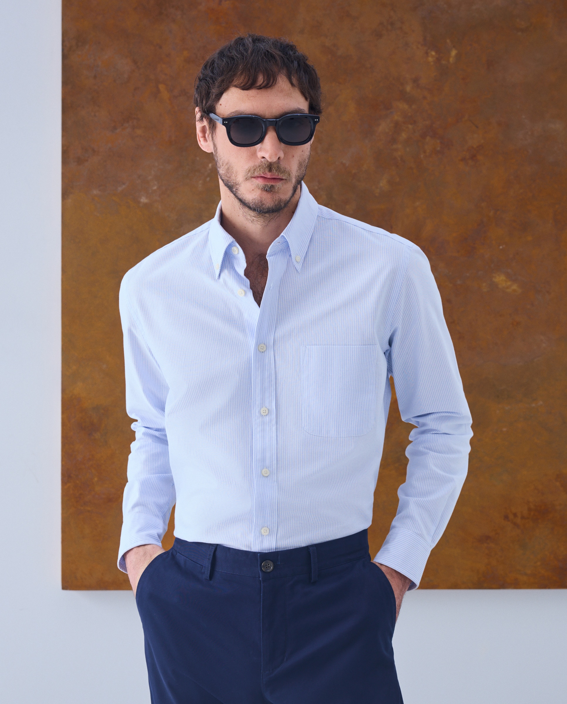 Camisa Casual Classic Fit com Risca Oxford Azul-claro-2