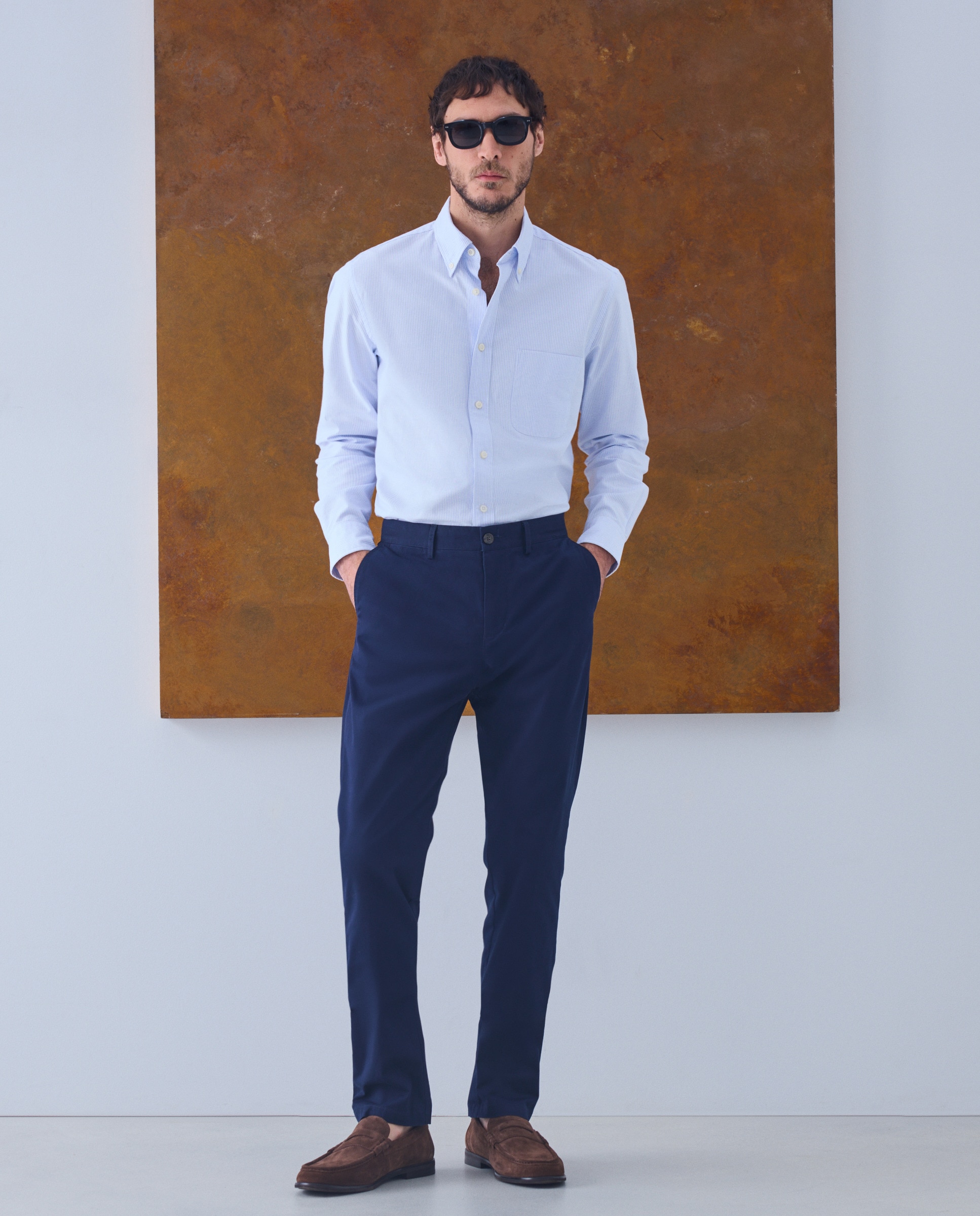 Camisa Casual Classic Fit com Risca Oxford Azul-claro-1