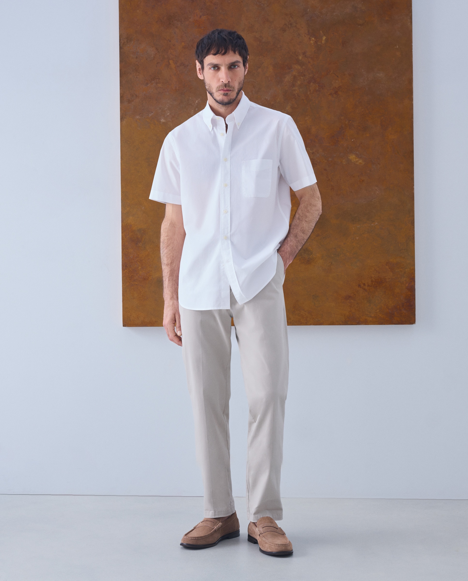 Camisa Casual de Popelina com Manga Curta Branco-2