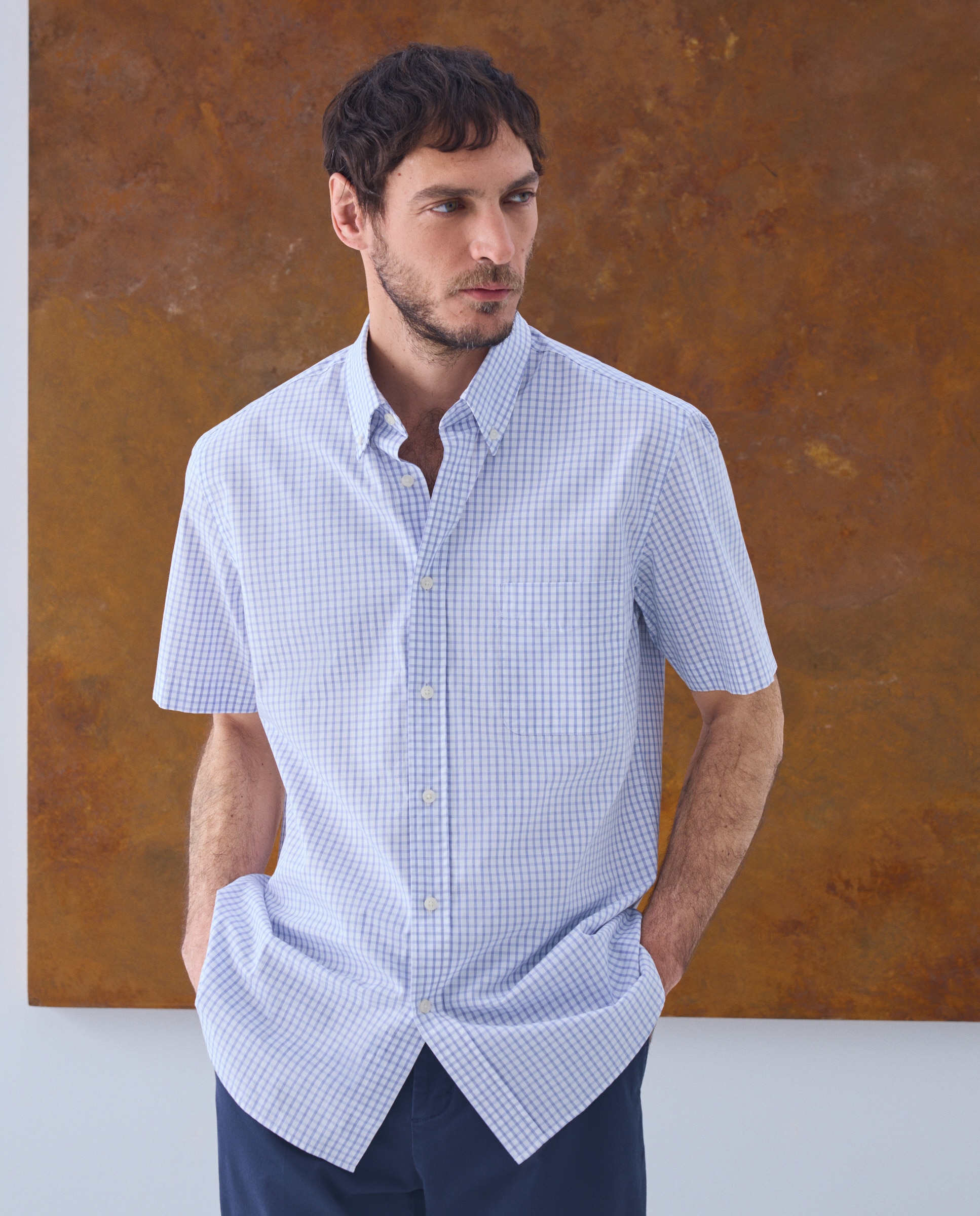Camisa Casual de Popelina com Manga Curta Azul-marinho-1