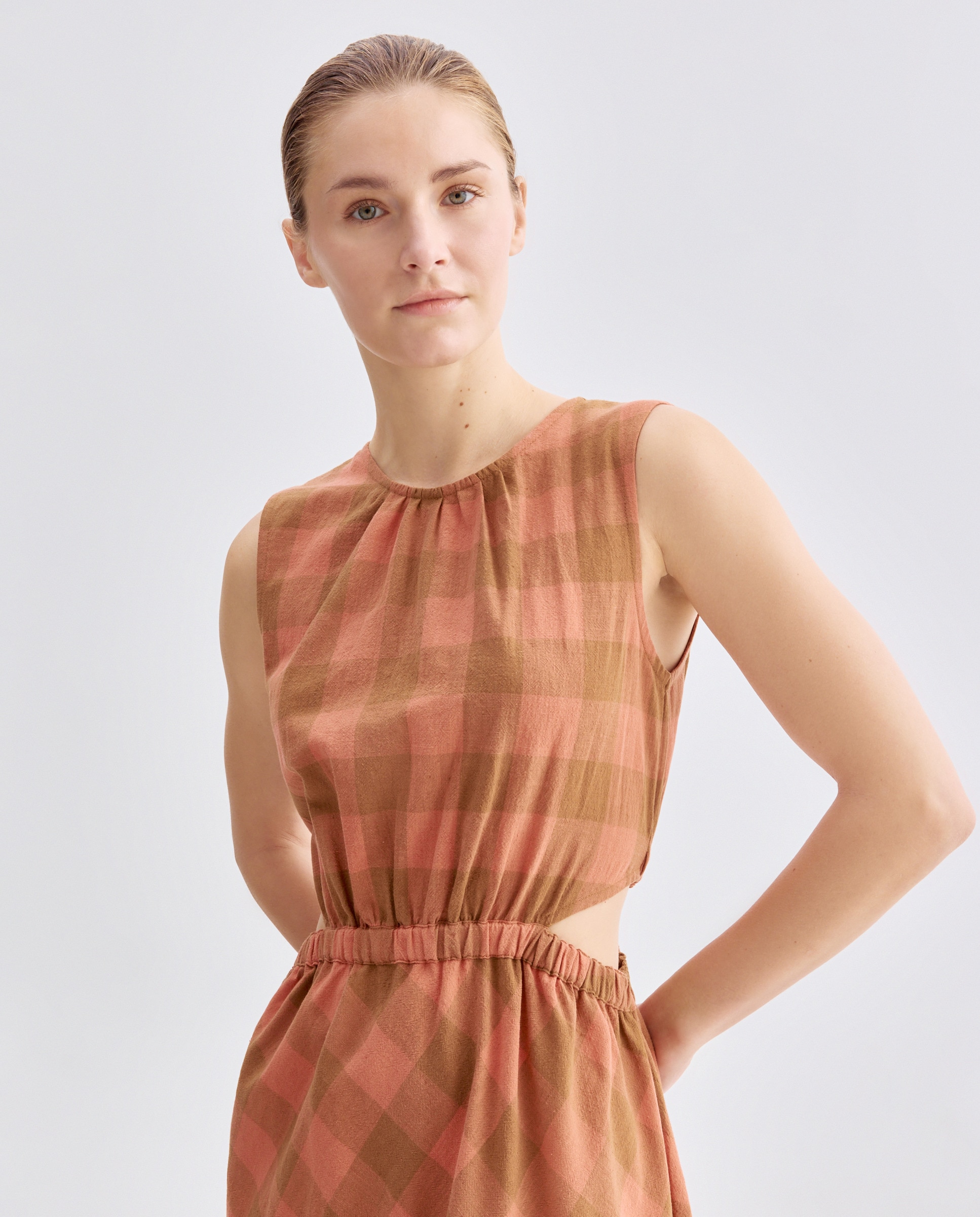 Vestido de mujer de cuadros con goma Rojo-2